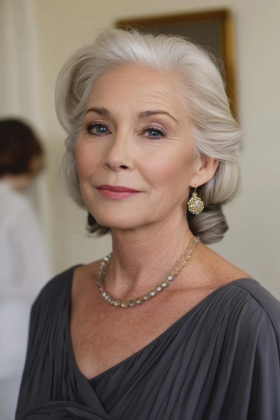 Woman over 70 with silver Rolls Updo for a Special Dinner — special occasion hairstyle for women over 70