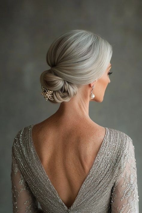 Woman over 70 with beaded-Dress Low Bun — Back View — special occasion hairstyle for women over 70