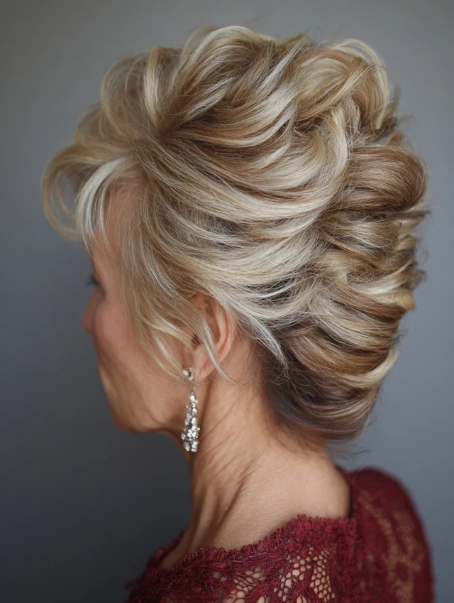 Woman over 70 with blonde French Twist — Back View Elegance — special occasion hairstyle for women over 70