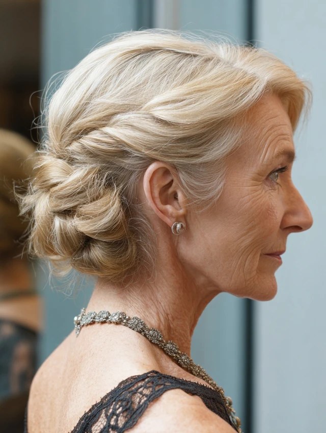 Woman over 70 with braided Low Bun for Fine Hair — special occasion hairstyle for women over 70