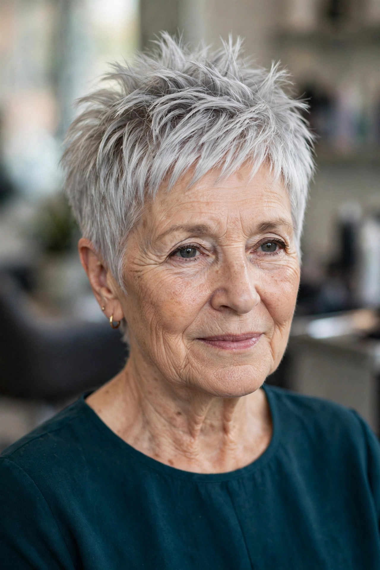 Classic Silver Spiky Pixie - spiky short hairstyle for a woman over 60