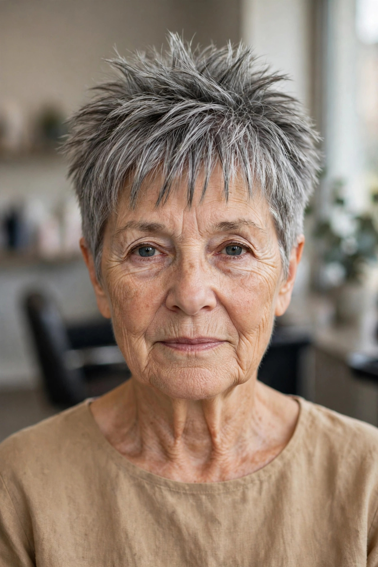 Forward-Swept Spiky Fringe Crop - spiky short hairstyle for a woman over 60