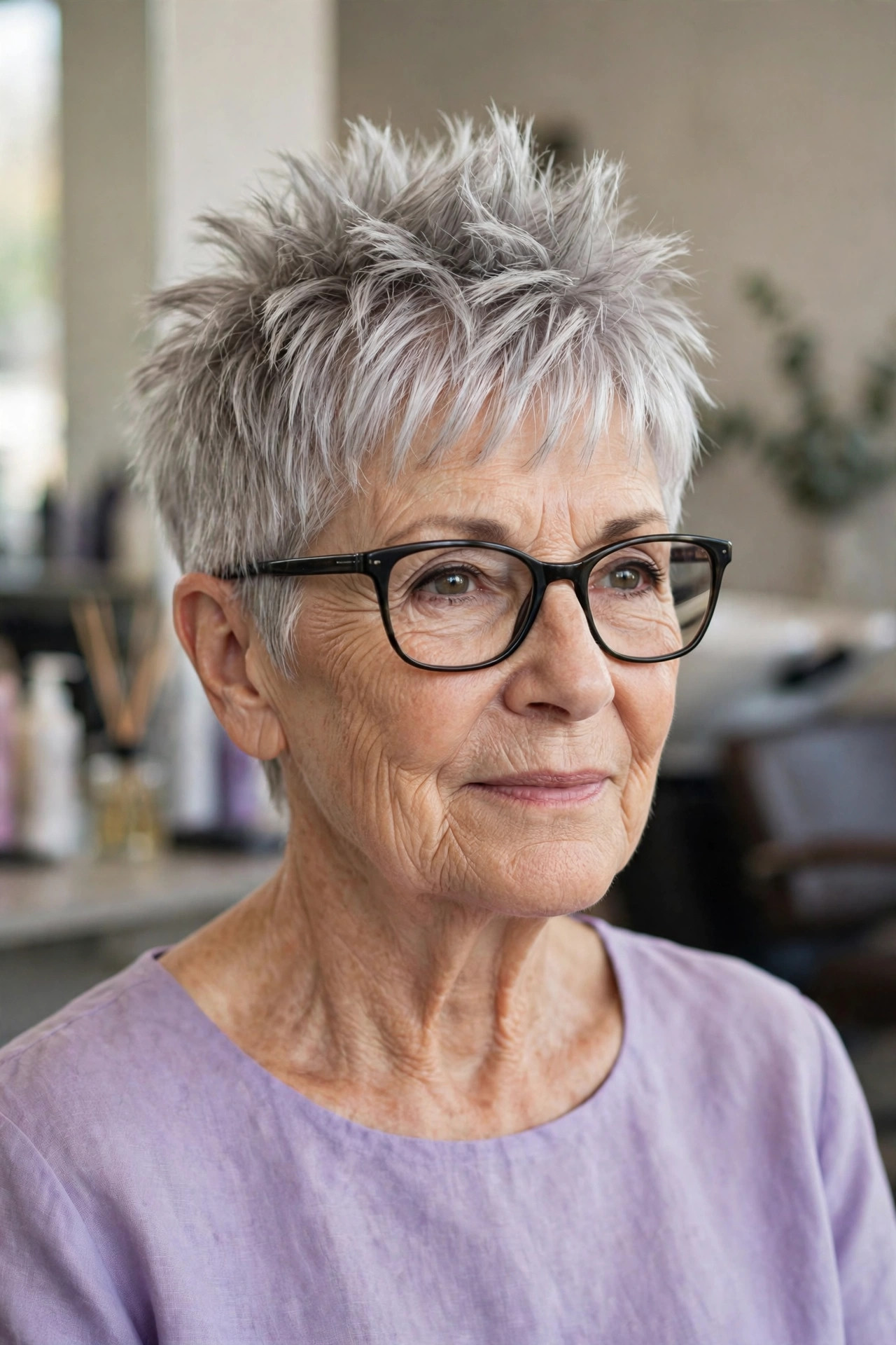 Spiky Pixie That Works With Glasses - spiky short hairstyle for a woman over 60