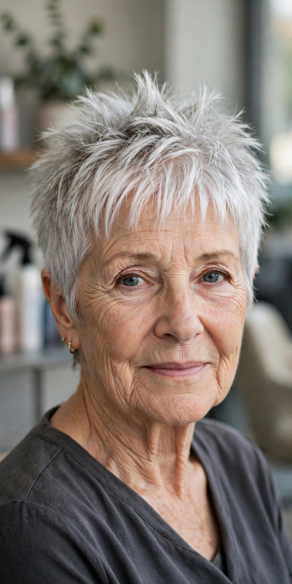 Piecey Crown Spikes With a Soft Fringe - spiky short hairstyle for a woman over 60