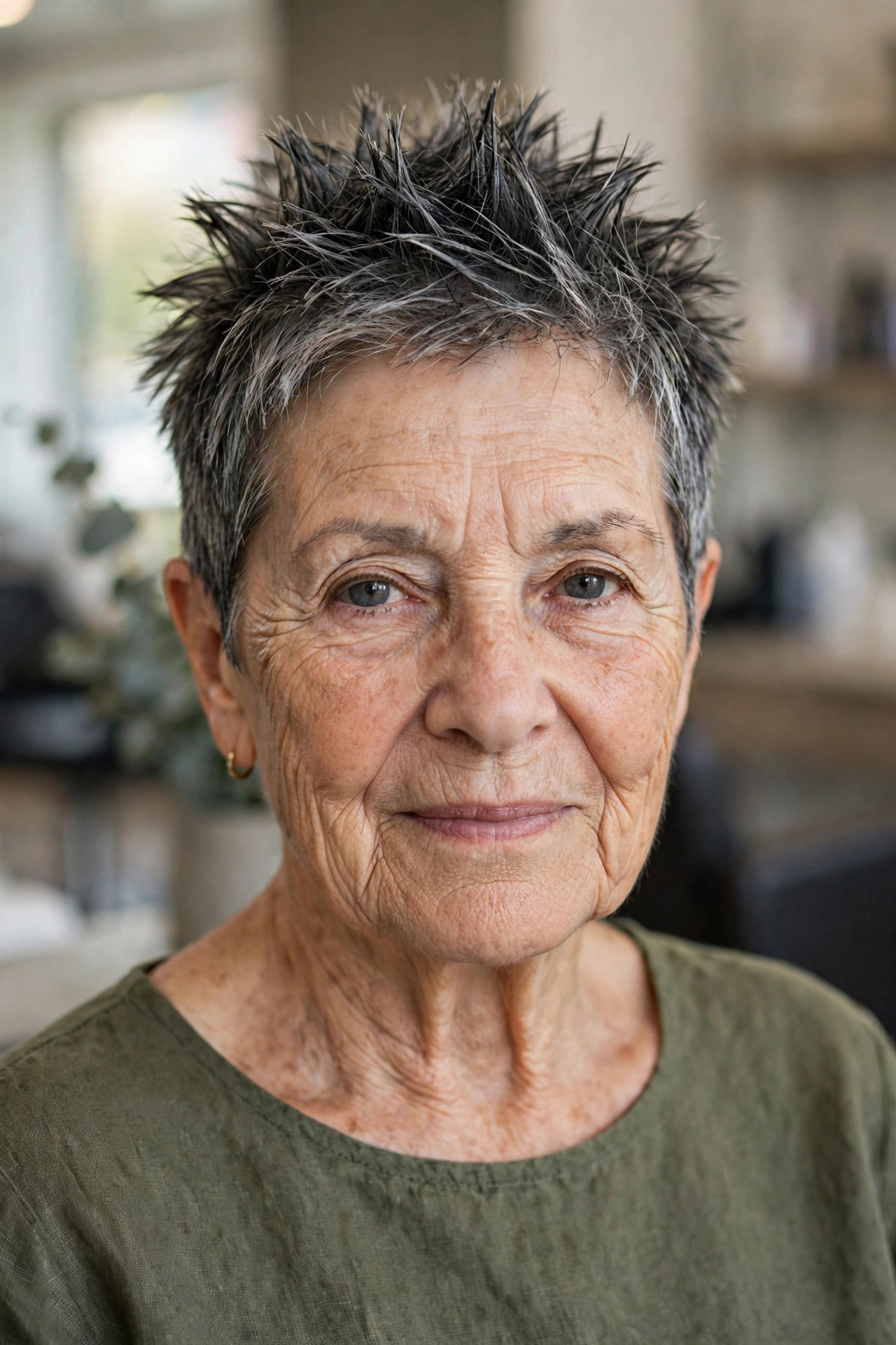 Salt-and-Pepper Spiked Crop - spiky short hairstyle for a woman over 60