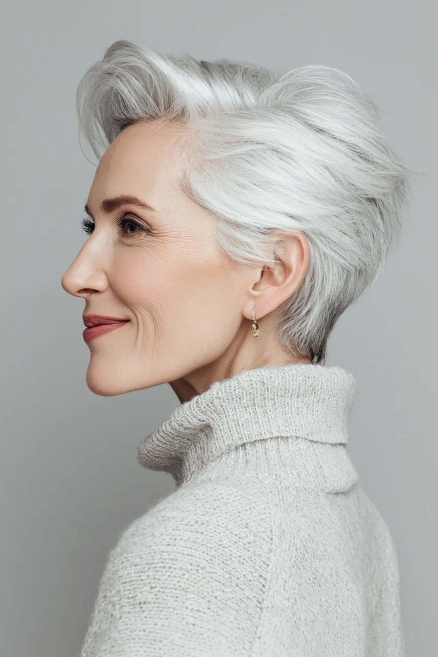 The Smooth White Pixie With a Long Side Fringe — softening hairstyle for a square face on a woman over 70