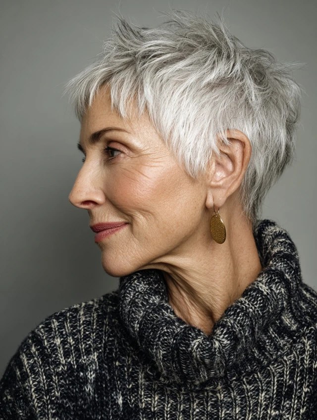 The White Textured Pixie, Side View — softening hairstyle for a square face on a woman over 70