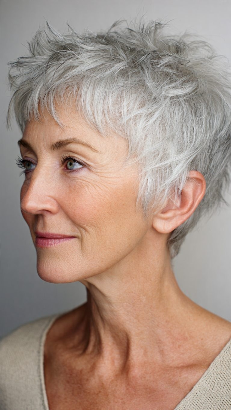 The Gray Textured Pixie With a Gentle Quiff — softening hairstyle for a square face on a woman over 70