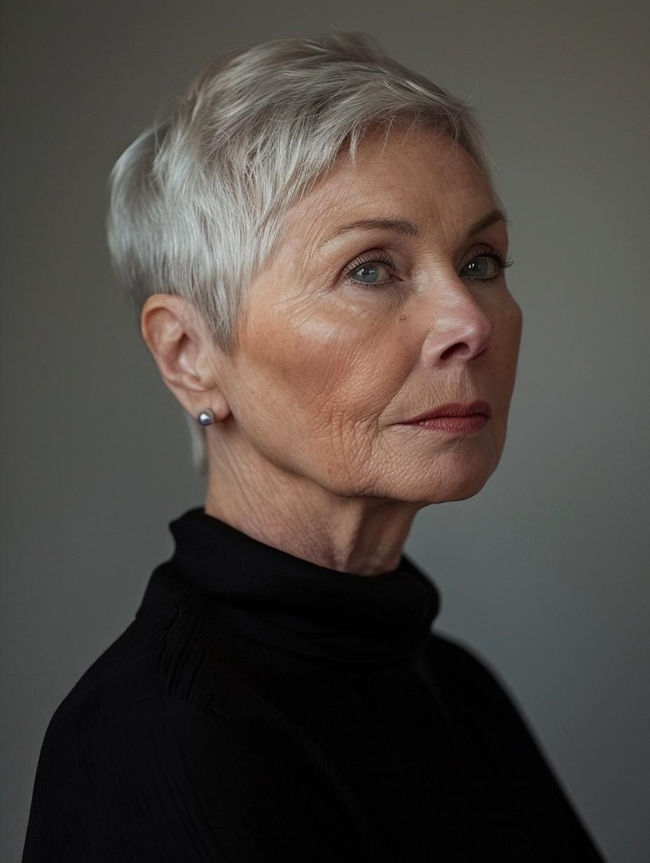 The Short Silver Crop With a Turtleneck Finish — softening hairstyle for a square face on a woman over 70