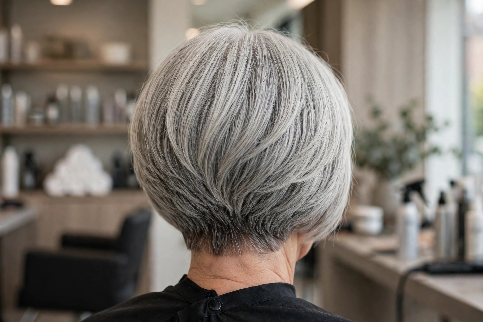 Classic Sleek Stacked Bob in Silver Gray back view - stacked graduated bob back on a woman over 50