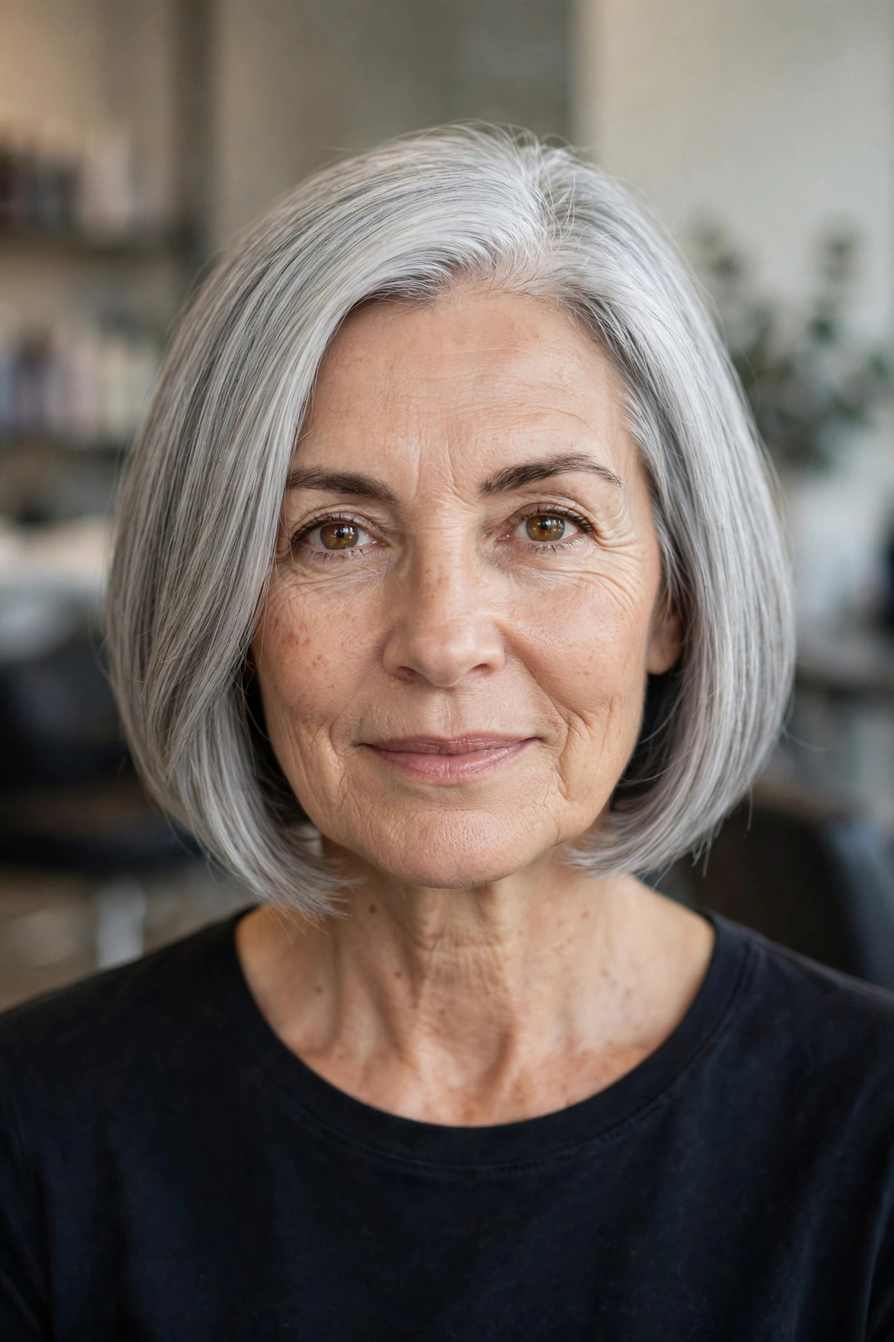 Classic Sleek Stacked Bob in Silver Gray front view - stacked bob haircut on a woman over 50