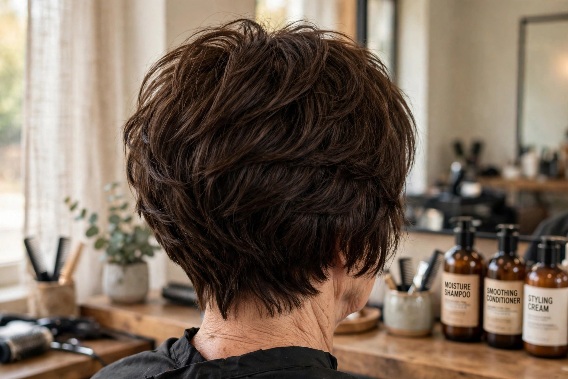 Choppy Piecey Stacked Bob in Dark Chocolate back view - stacked graduated bob back on a woman over 50
