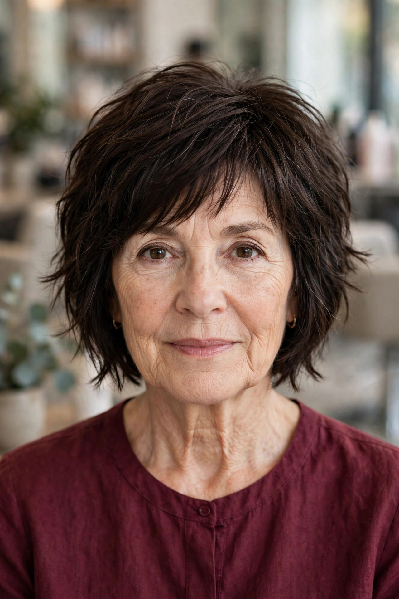 Choppy Piecey Stacked Bob in Dark Chocolate front view - stacked bob haircut on a woman over 50