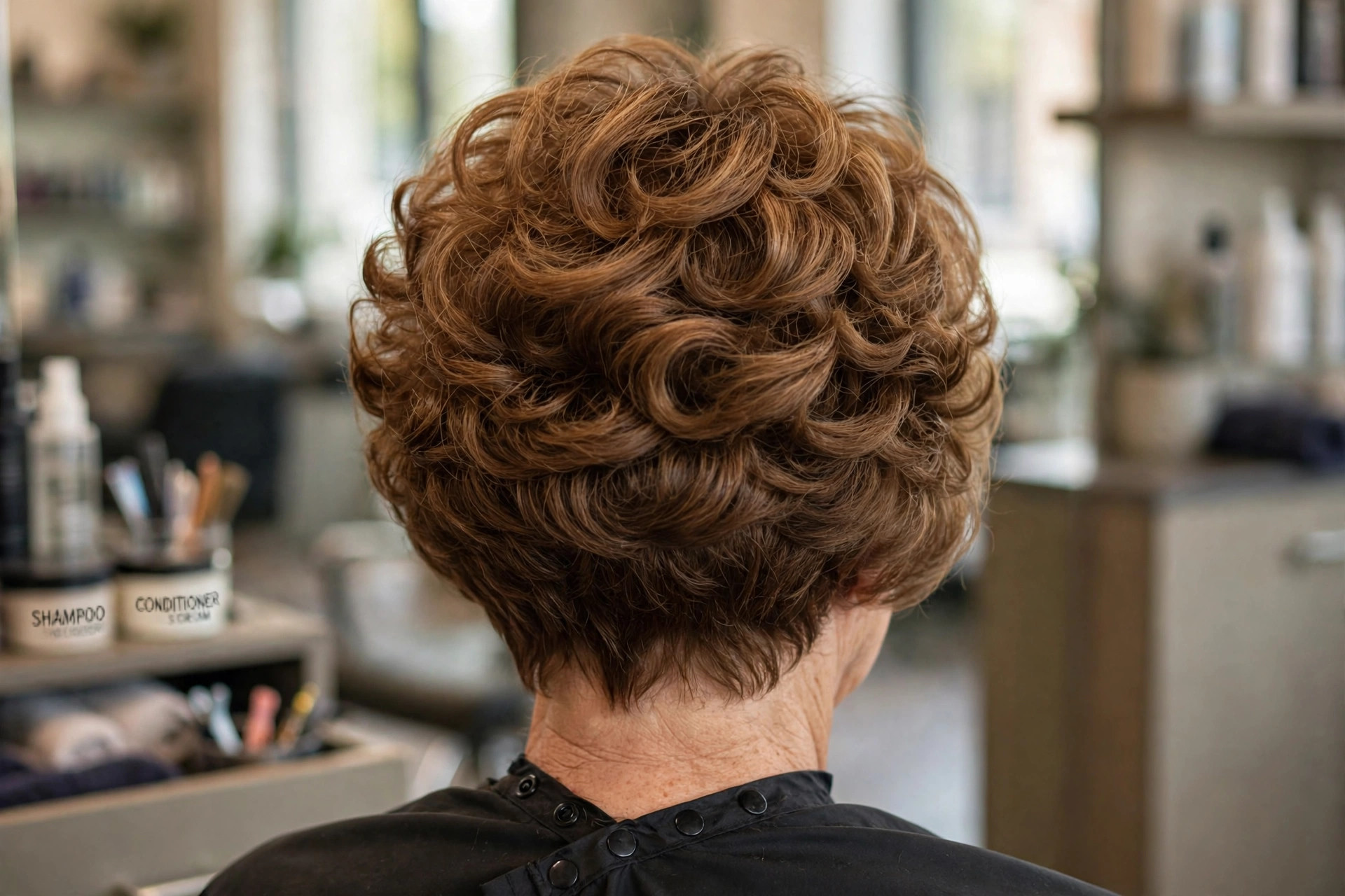 Curly Stacked Bob in Warm Caramel back view - stacked graduated bob back on a woman over 50