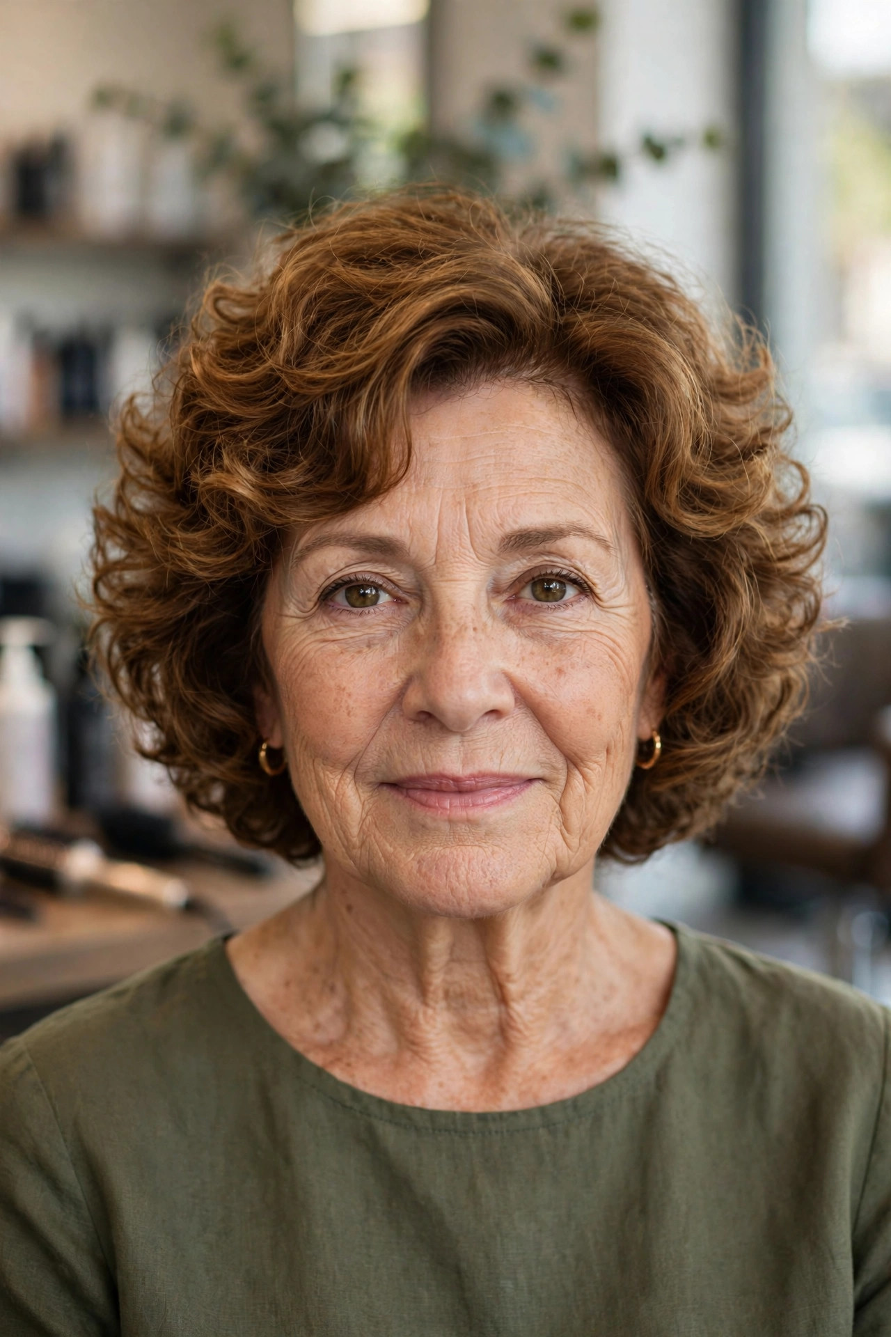 Curly Stacked Bob in Warm Caramel front view - stacked bob haircut on a woman over 50