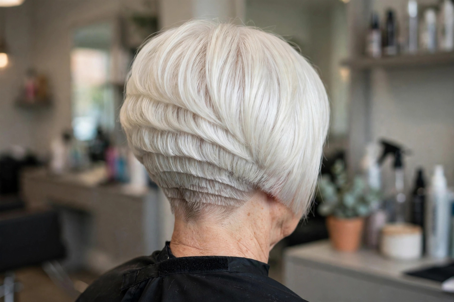 Inverted Wedge Stacked Bob in Icy White Blonde back view - stacked graduated bob back on a woman over 50