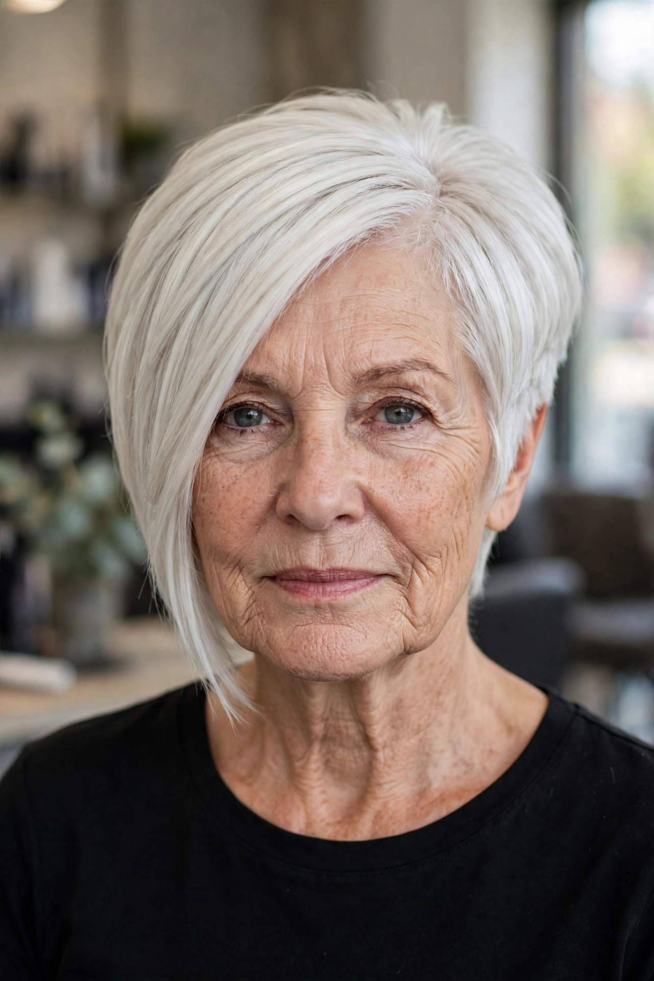Inverted Wedge Stacked Bob in Icy White Blonde front view - stacked bob haircut on a woman over 50