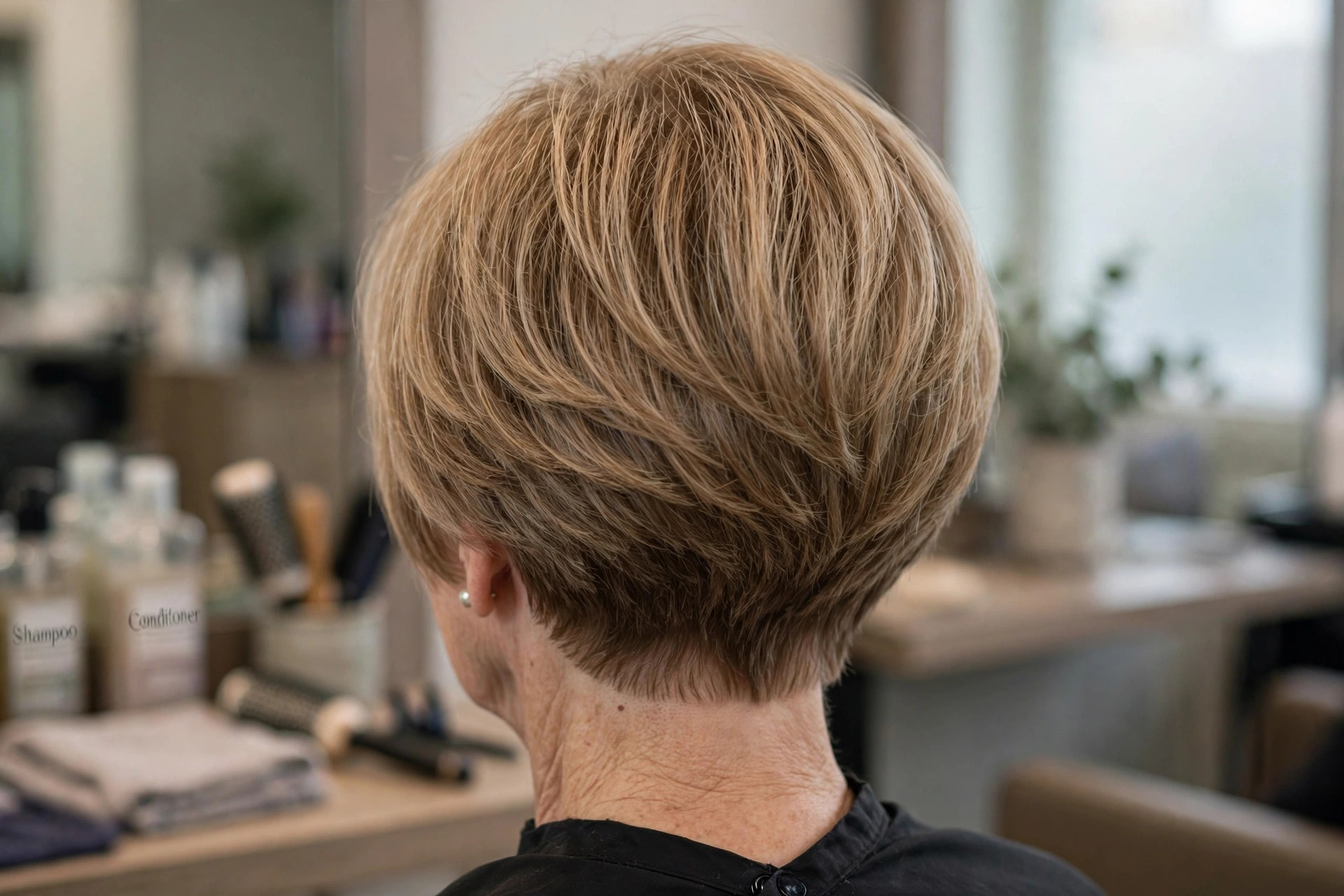 Longer-Front Stacked Bob in Sandy Bronde back view - stacked graduated bob back on a woman over 50