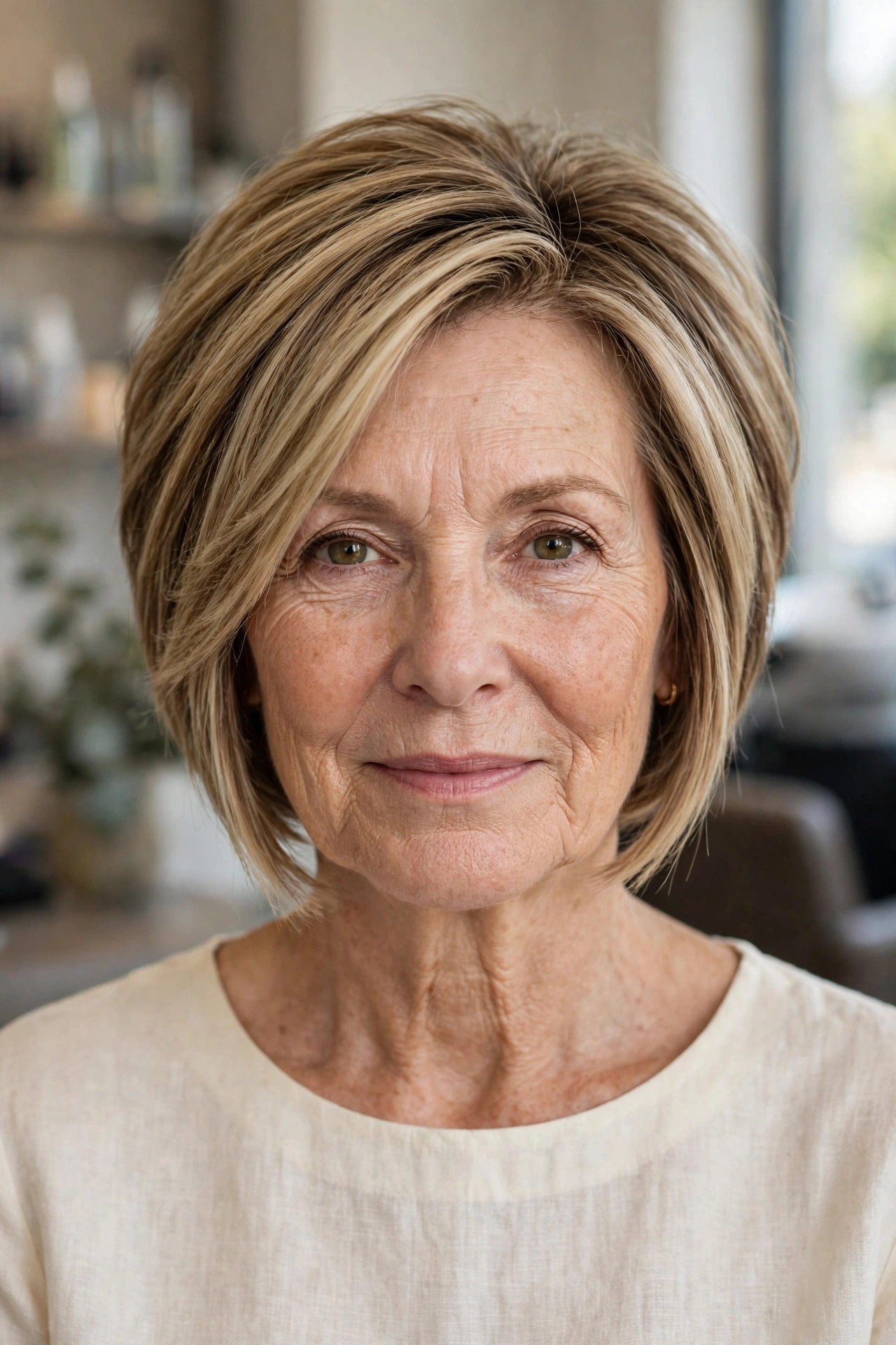 Longer-Front Stacked Bob in Sandy Bronde front view - stacked bob haircut on a woman over 50