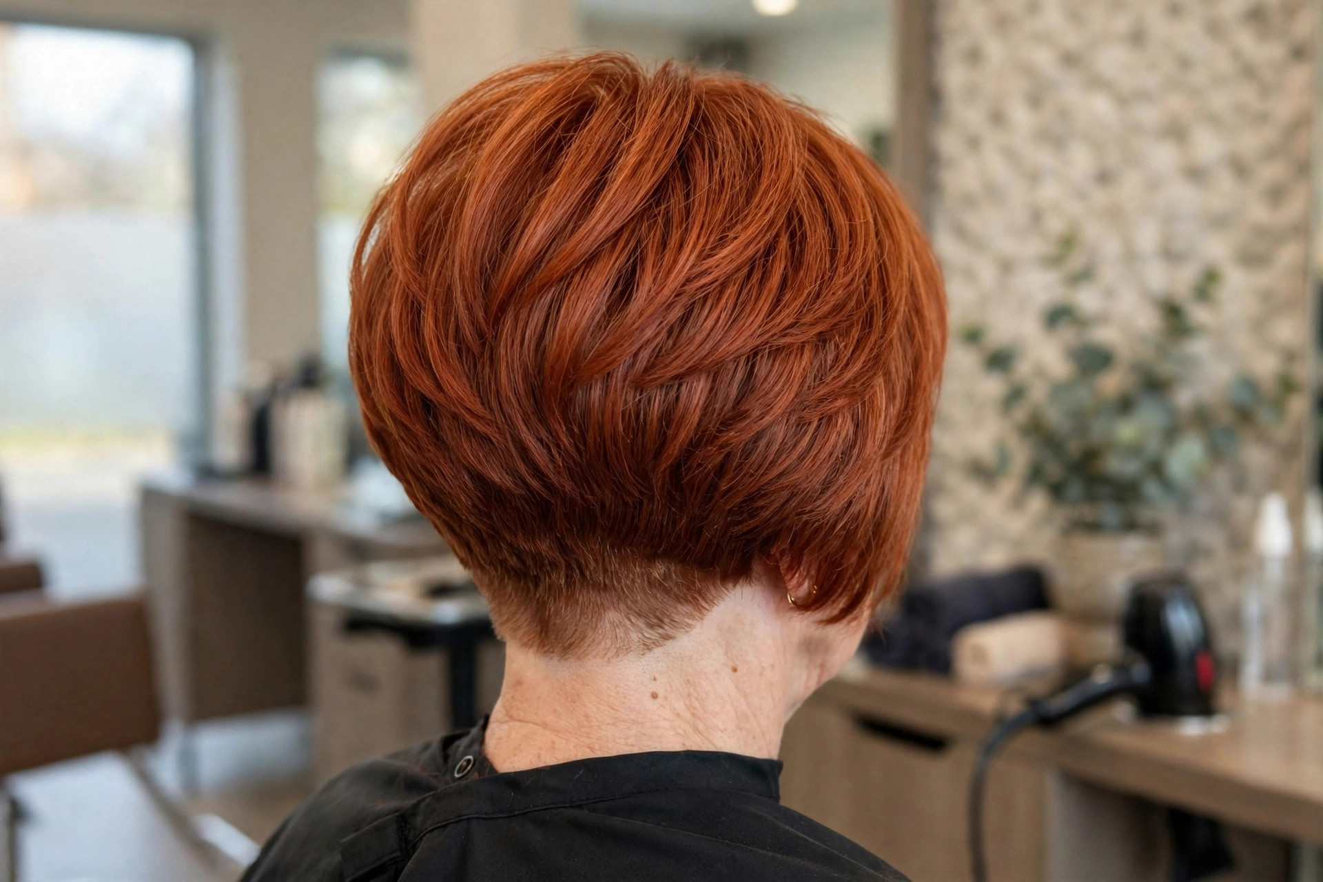 Tapered-Nape Stacked Bob in Rich Ginger back view - stacked graduated bob back on a woman over 50