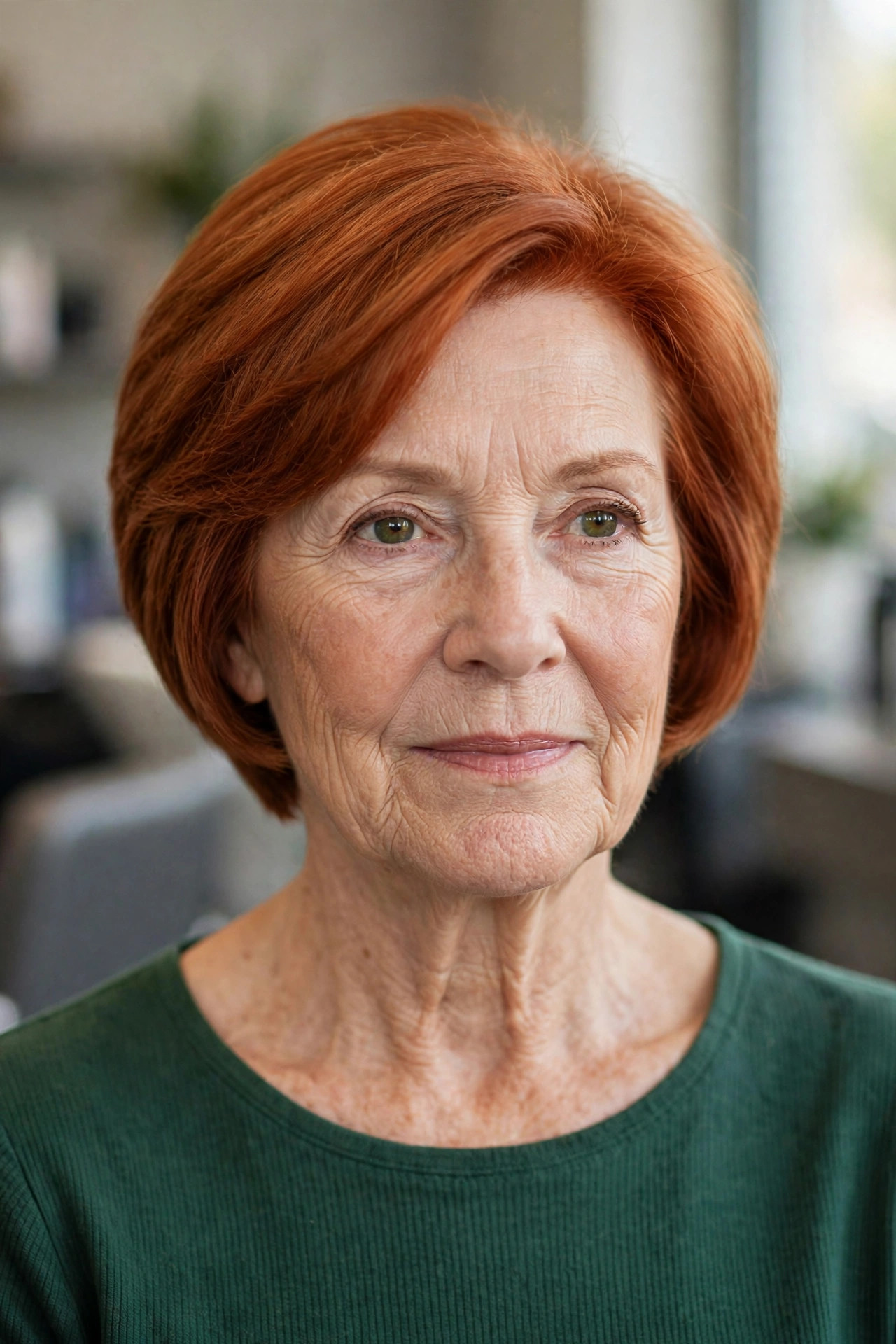 Tapered-Nape Stacked Bob in Rich Ginger front view - stacked bob haircut on a woman over 50