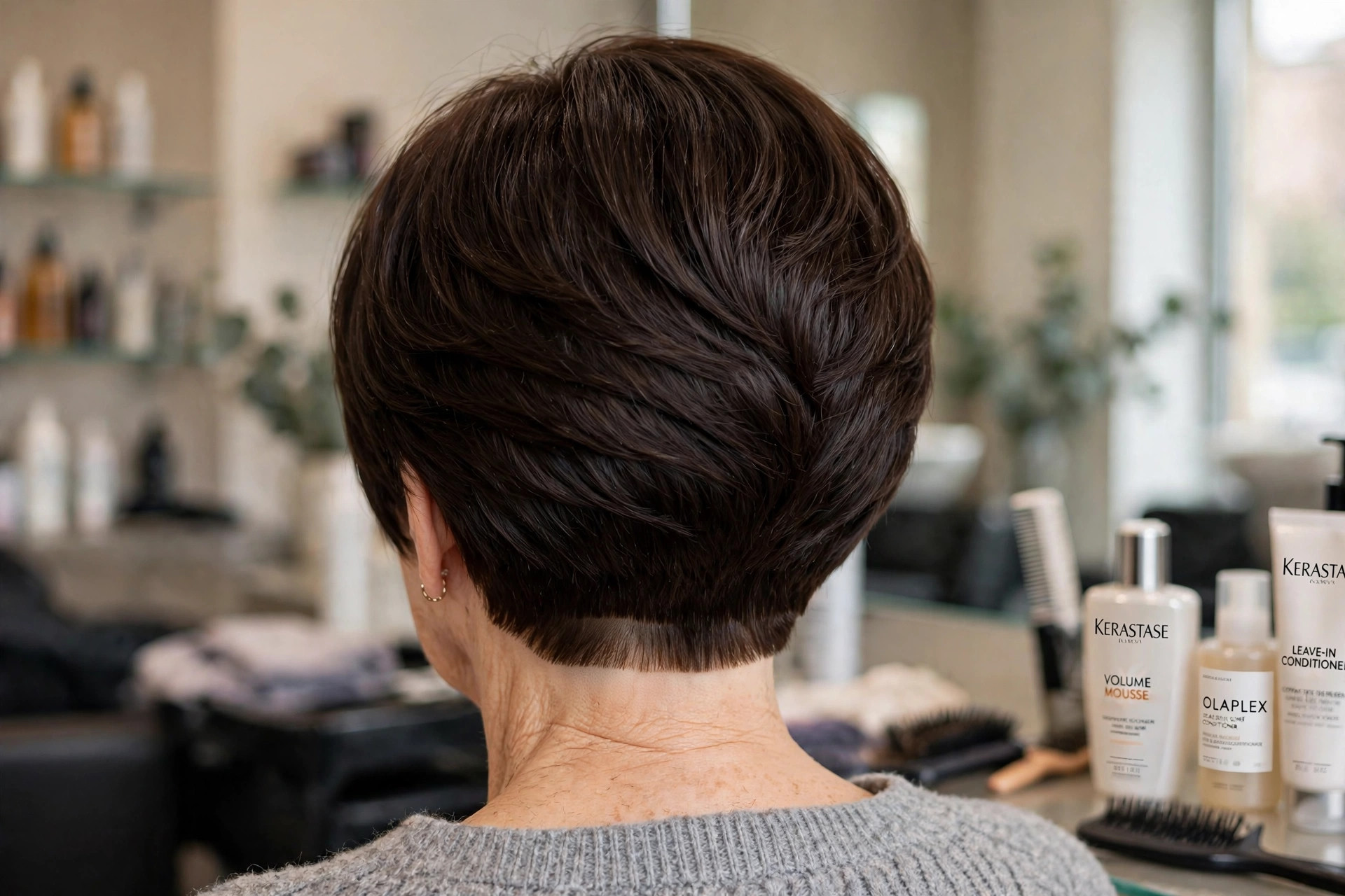 Glossy Precision Stacked Bob in Espresso back view - stacked graduated bob back on a woman over 50