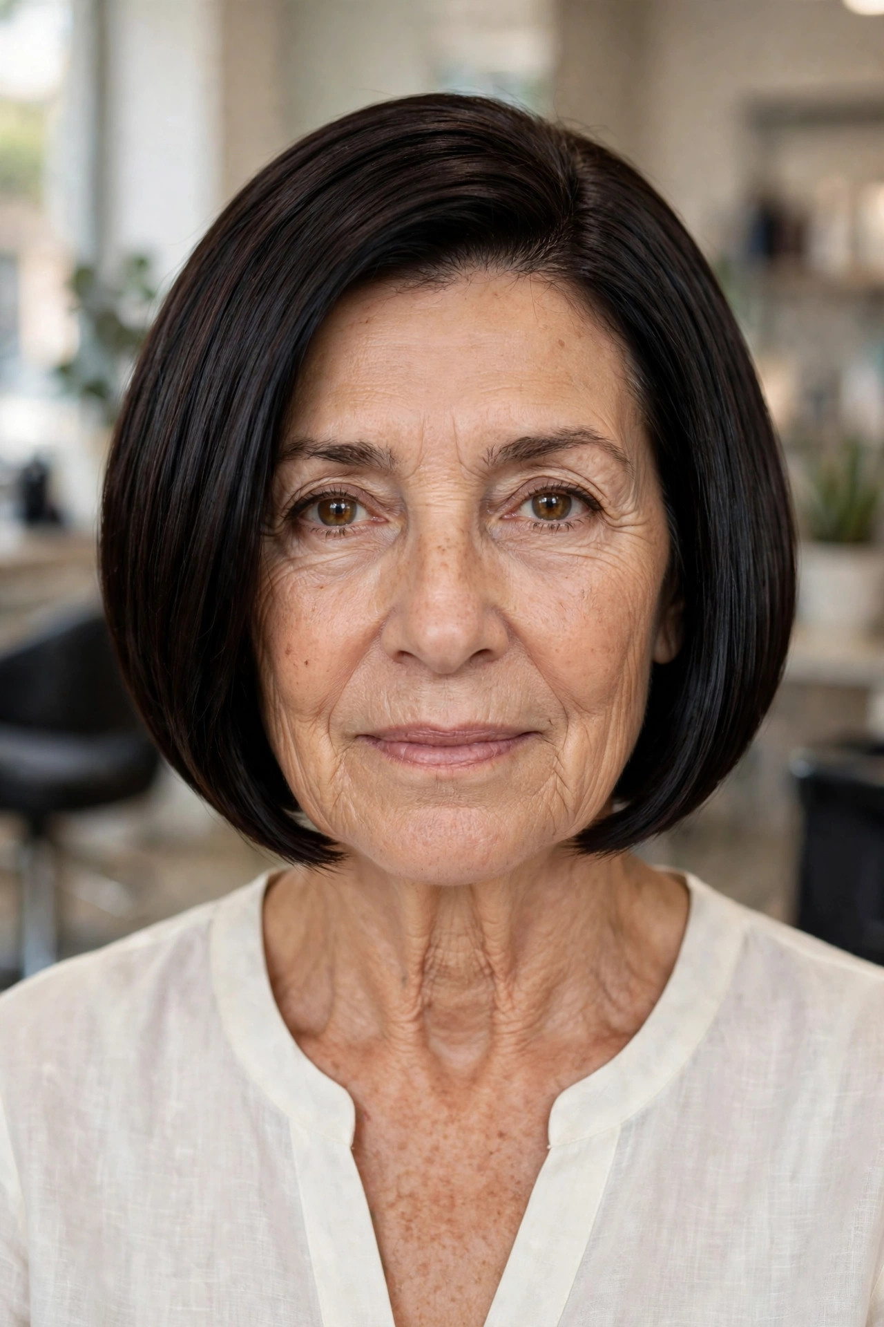 Glossy Precision Stacked Bob in Espresso front view - stacked bob haircut on a woman over 50
