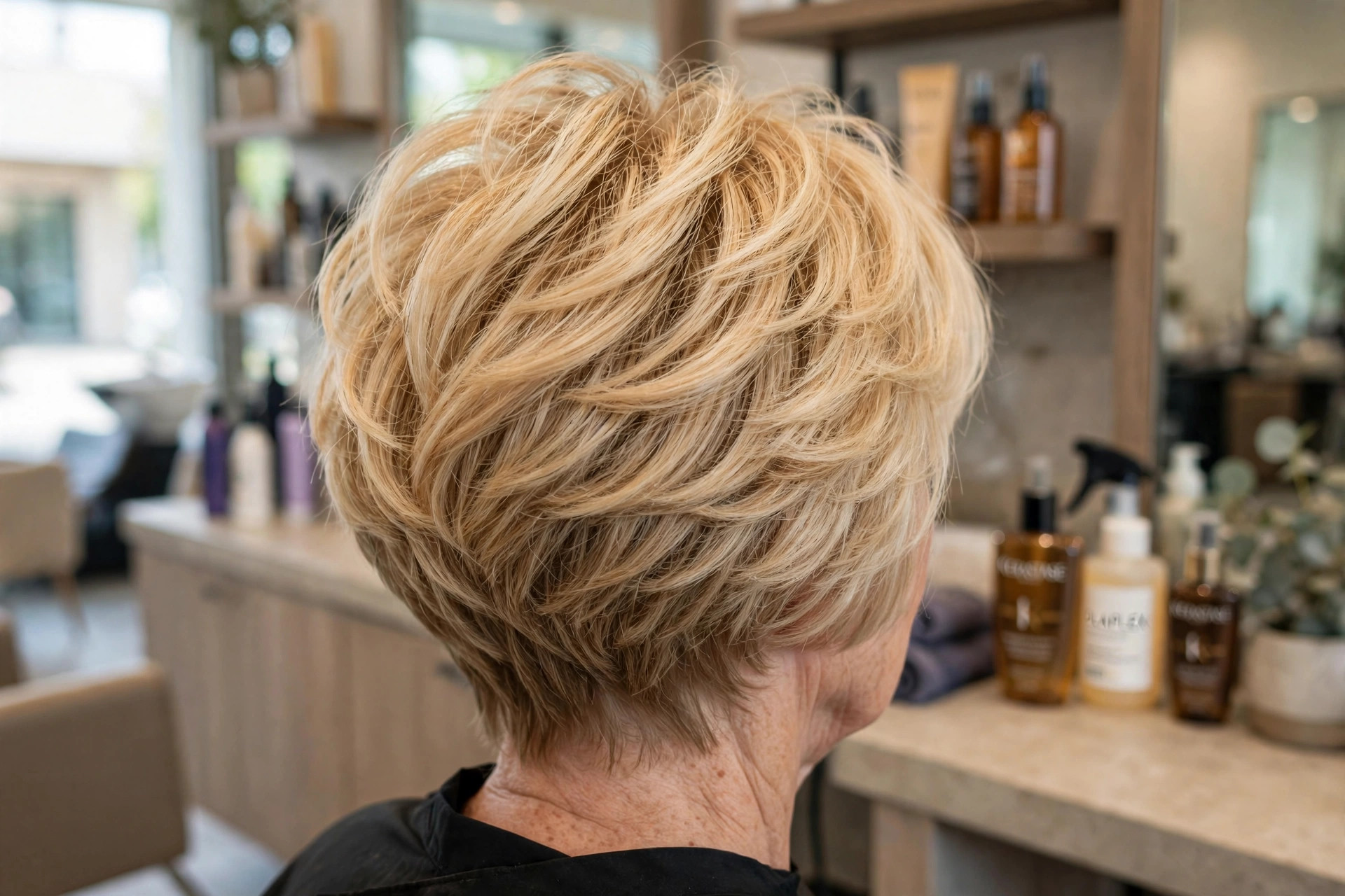 Tousled Beachy Stacked Bob in Buttery Blonde back view - stacked graduated bob back on a woman over 50