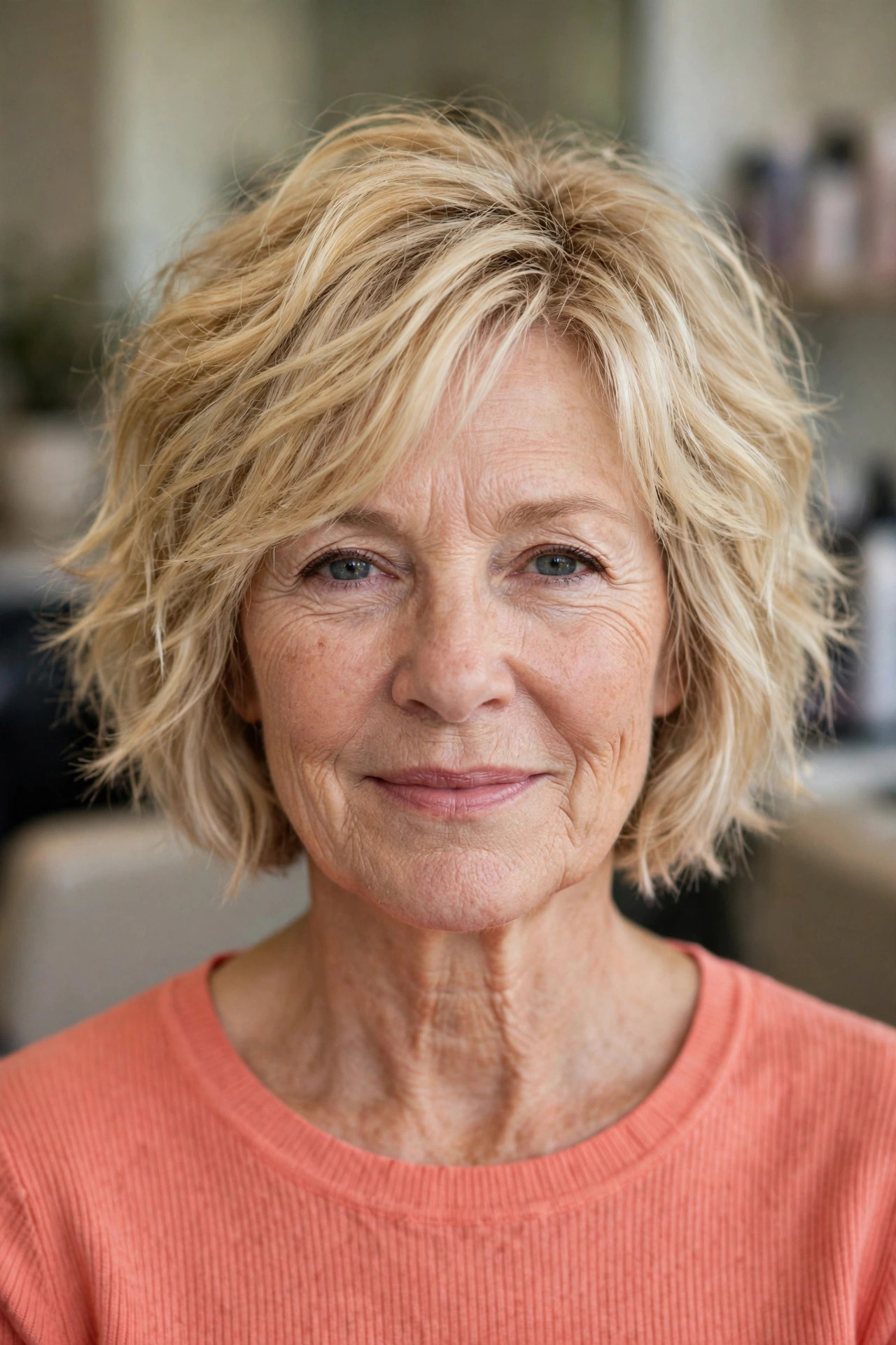 Tousled Beachy Stacked Bob in Buttery Blonde front view - stacked bob haircut on a woman over 50