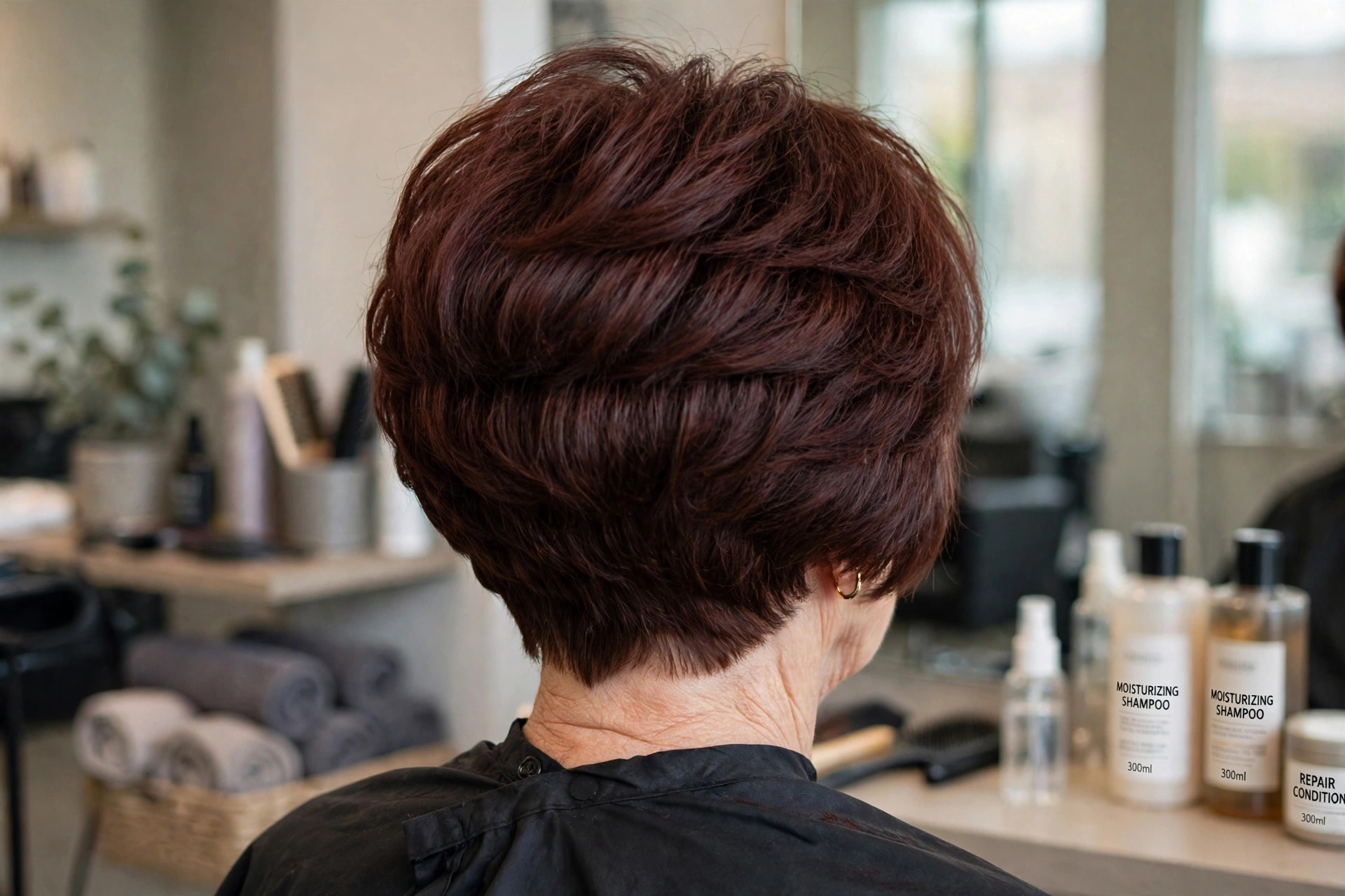 Full Stacked Bob for Thick Hair in Deep Mahogany back view - stacked graduated bob back on a woman over 50