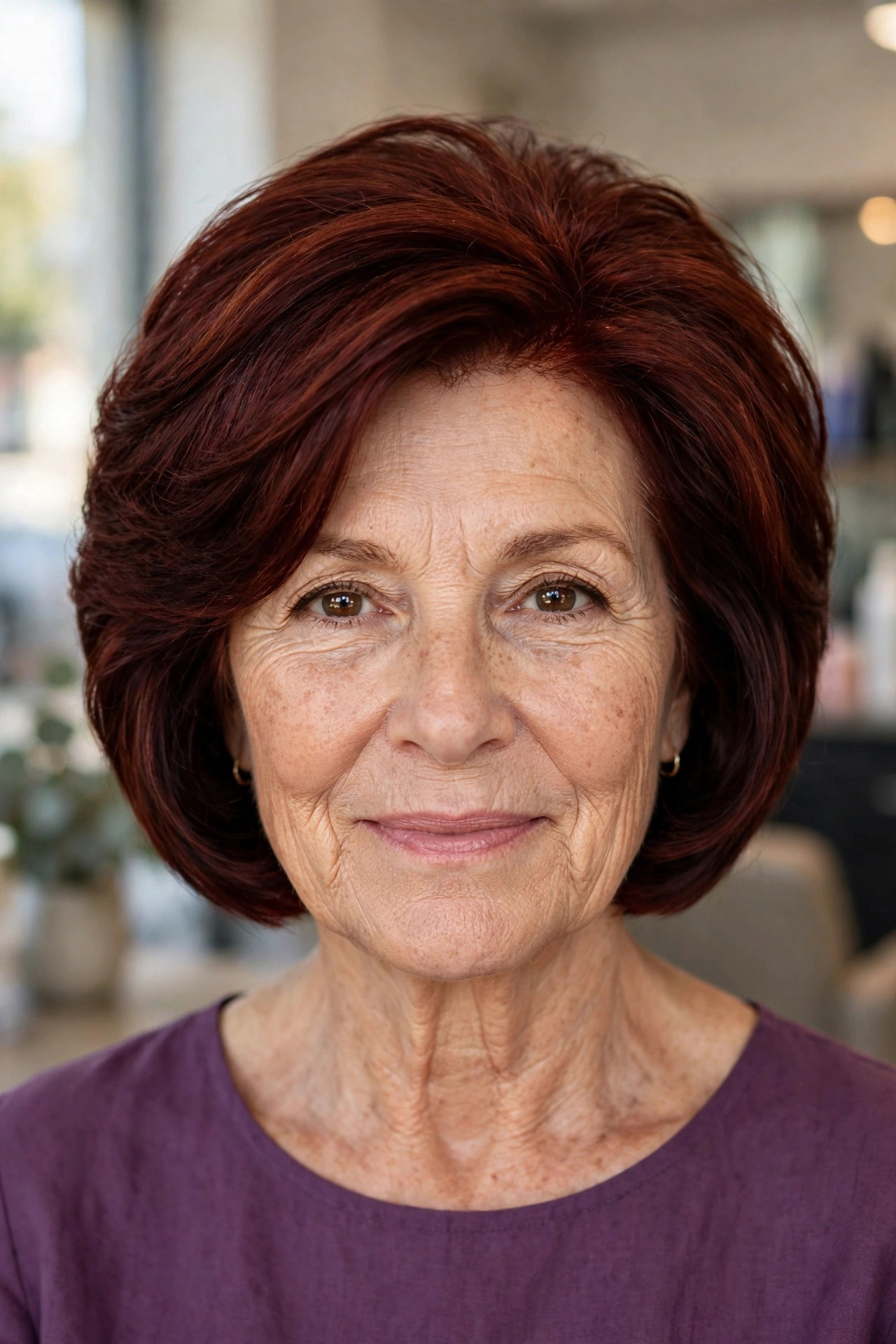 Full Stacked Bob for Thick Hair in Deep Mahogany front view - stacked bob haircut on a woman over 50