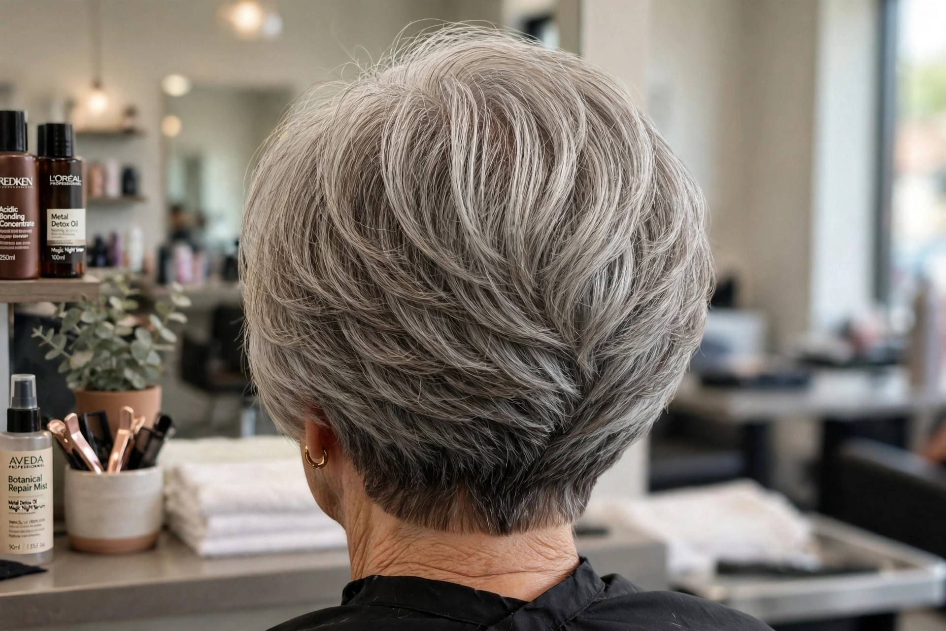 Low Soft Stacked Bob in Natural Gray Blend with Glasses back view - stacked graduated bob back on a woman over 50
