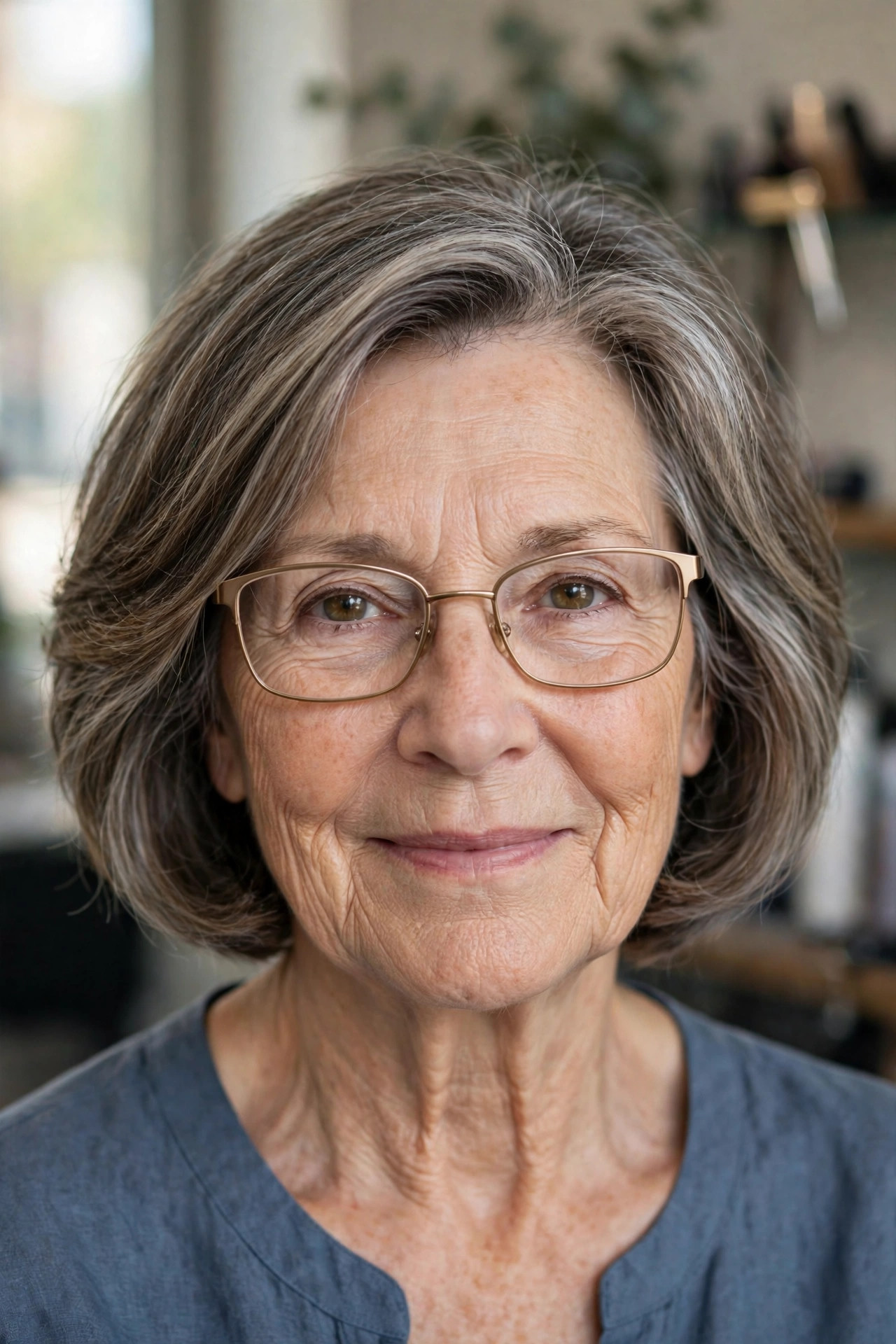 Low Soft Stacked Bob in Natural Gray Blend with Glasses front view - stacked bob haircut on a woman over 50
