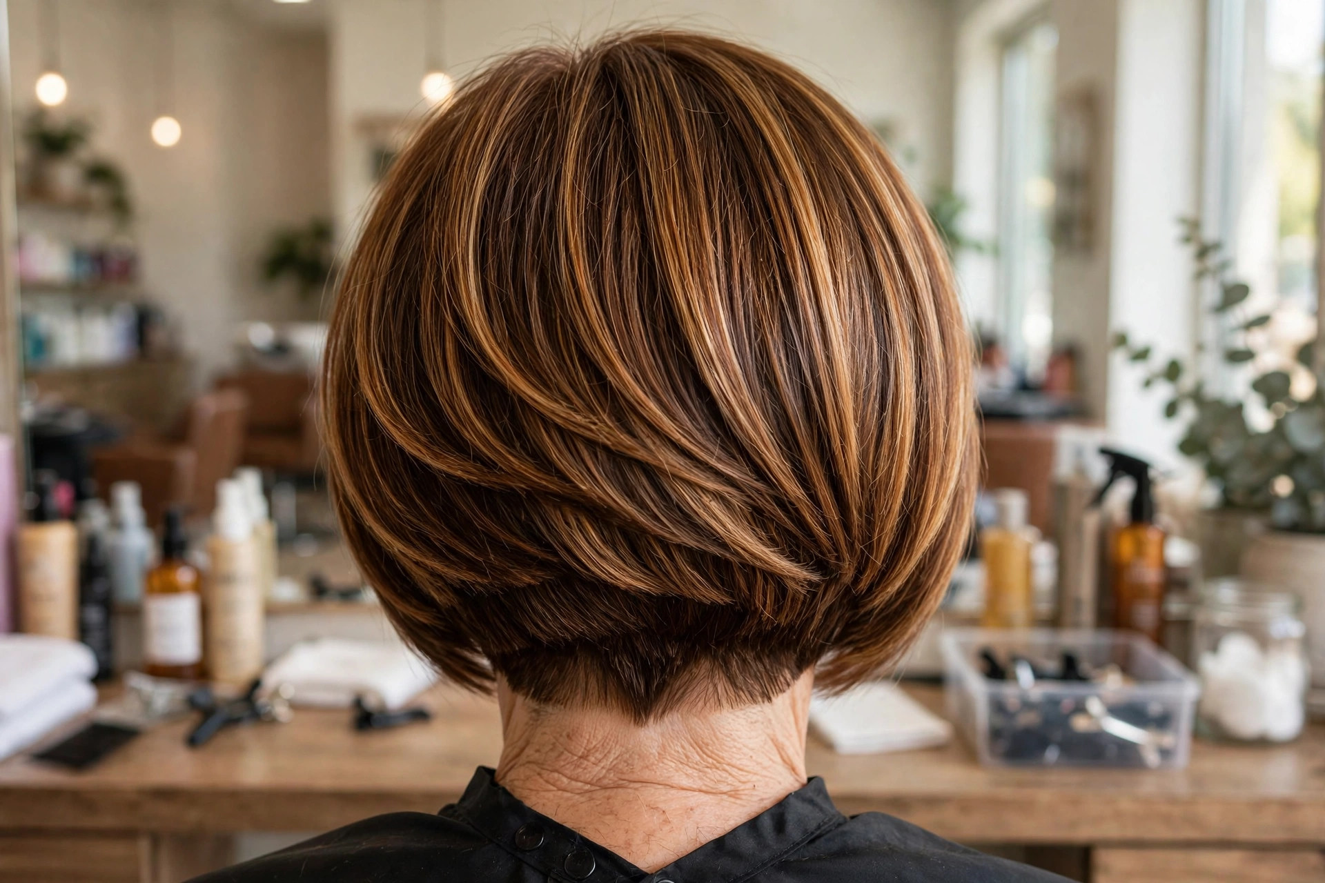 Angled A-Line Stacked Bob in Warm Brunette back view - stacked graduated bob back on a woman over 50