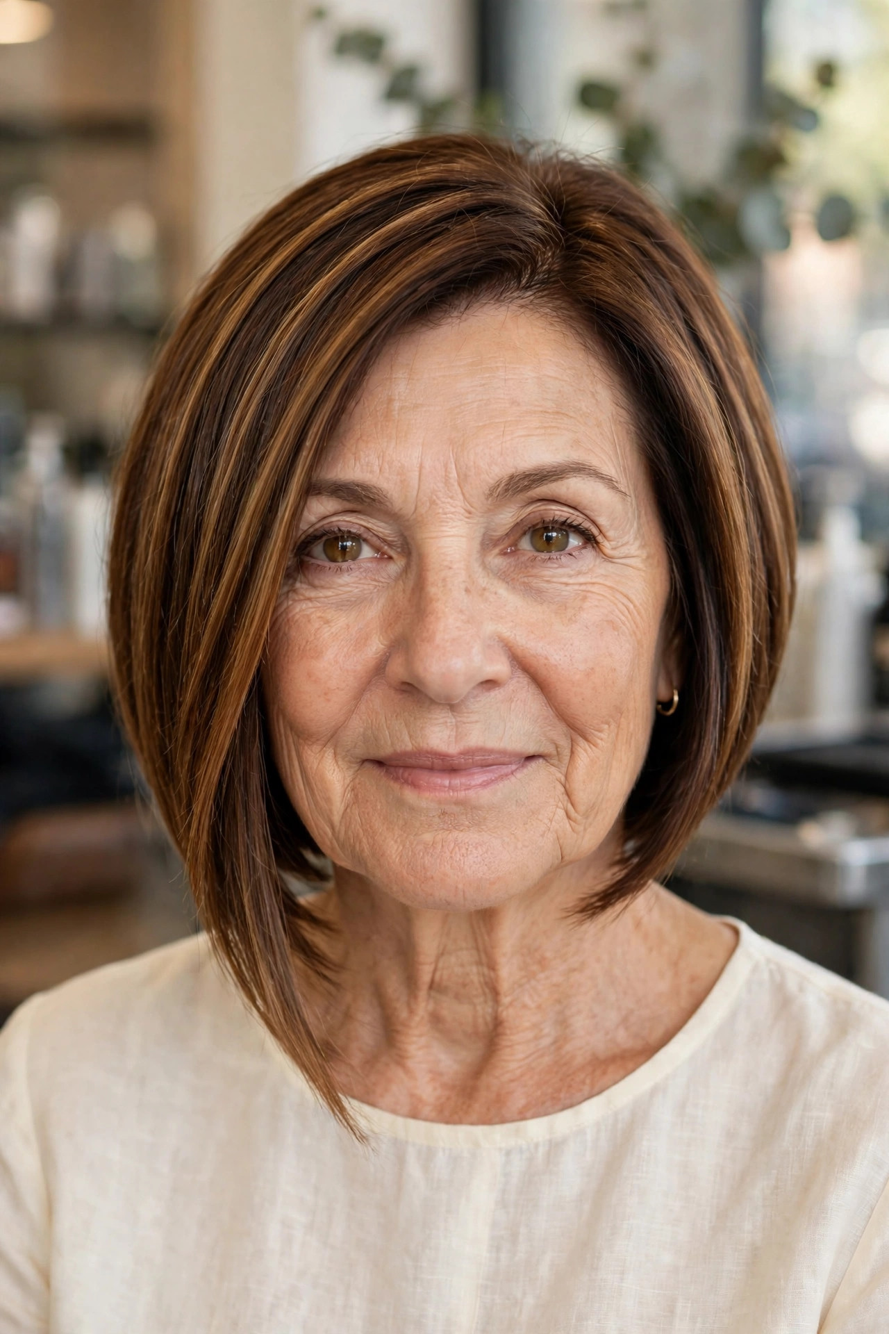 Angled A-Line Stacked Bob in Warm Brunette front view - stacked bob haircut on a woman over 50