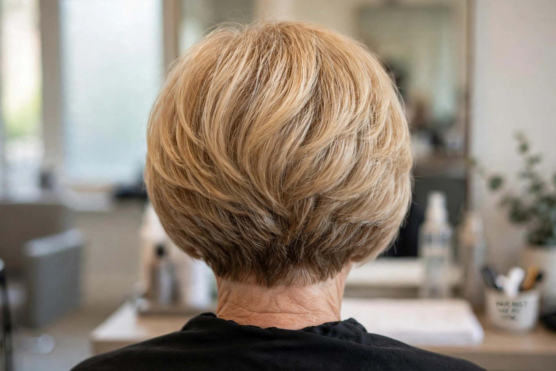 Soft Rounded Stacked Bob for Fine Hair in Honey Blonde back view - stacked graduated bob back on a woman over 50