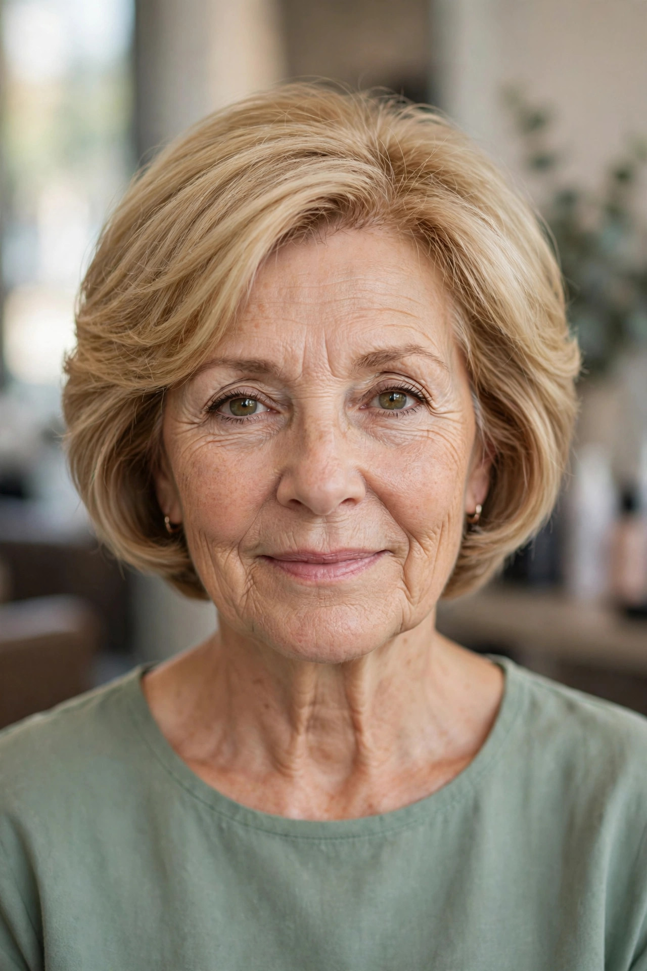 Soft Rounded Stacked Bob for Fine Hair in Honey Blonde front view - stacked bob haircut on a woman over 50