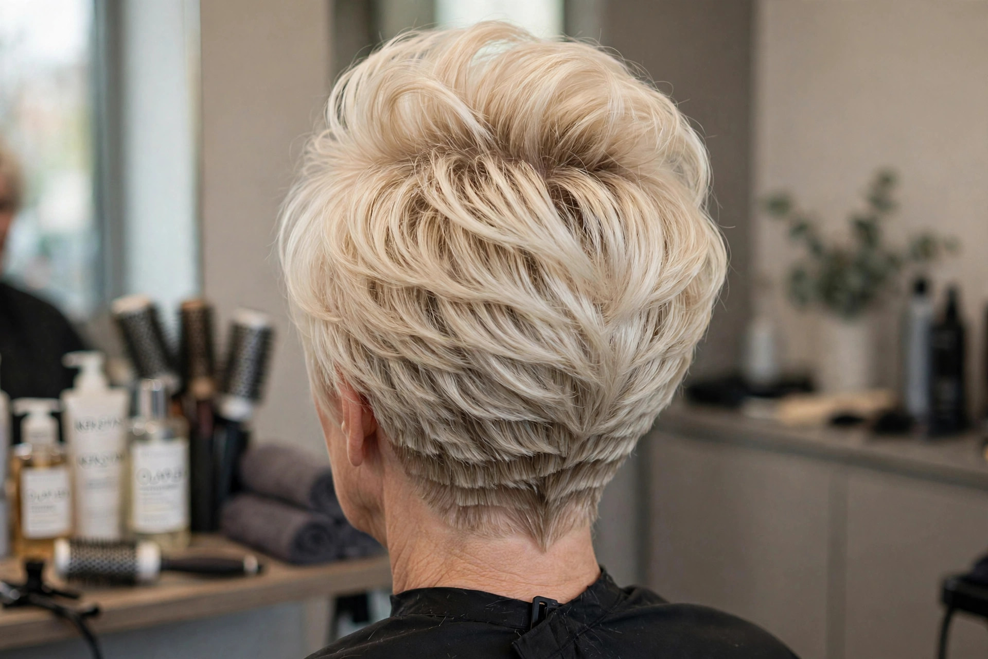 High-Crown Volume Stacked Bob in Platinum Blonde back view - stacked graduated bob back on a woman over 50