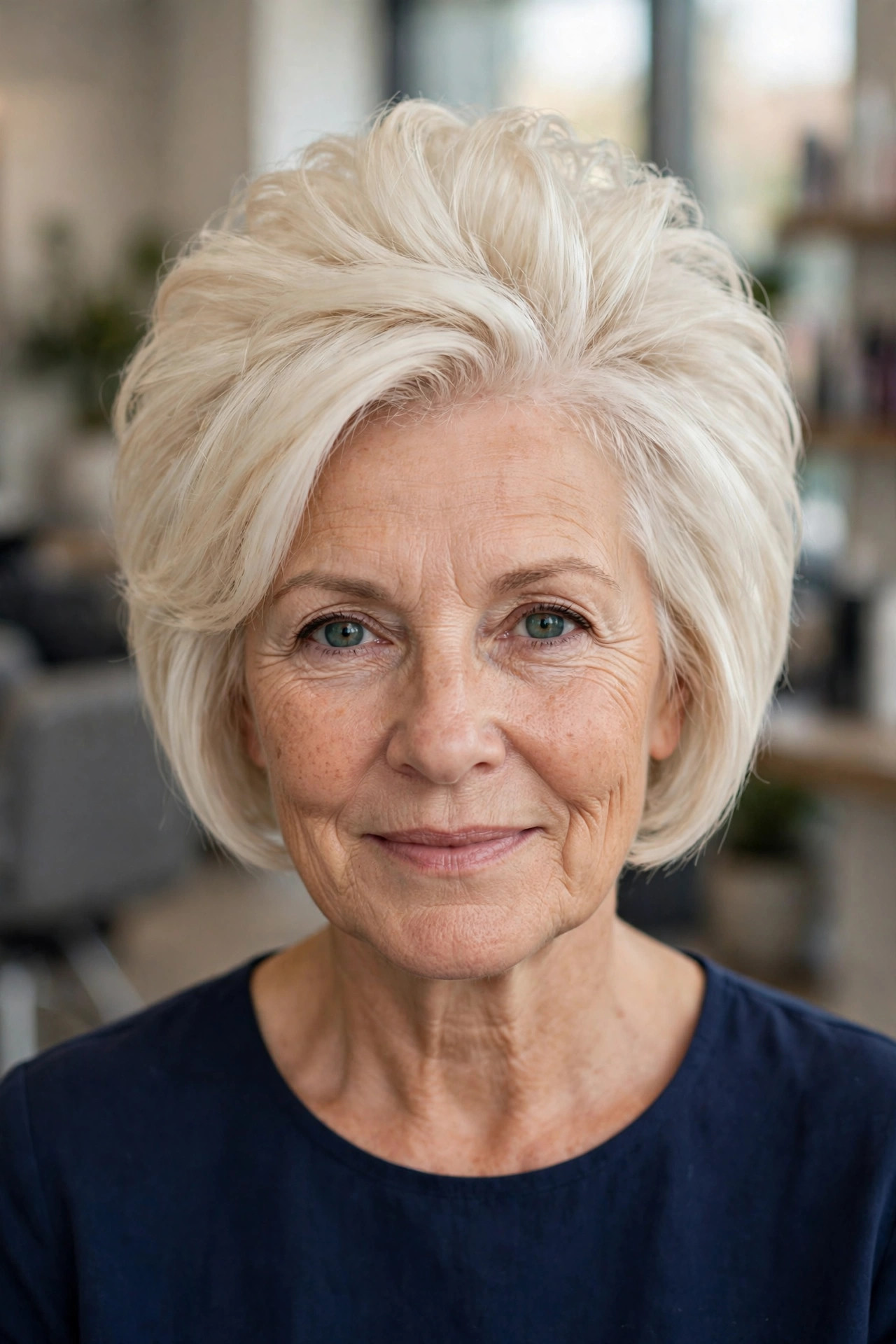 High-Crown Volume Stacked Bob in Platinum Blonde front view - stacked bob haircut on a woman over 50