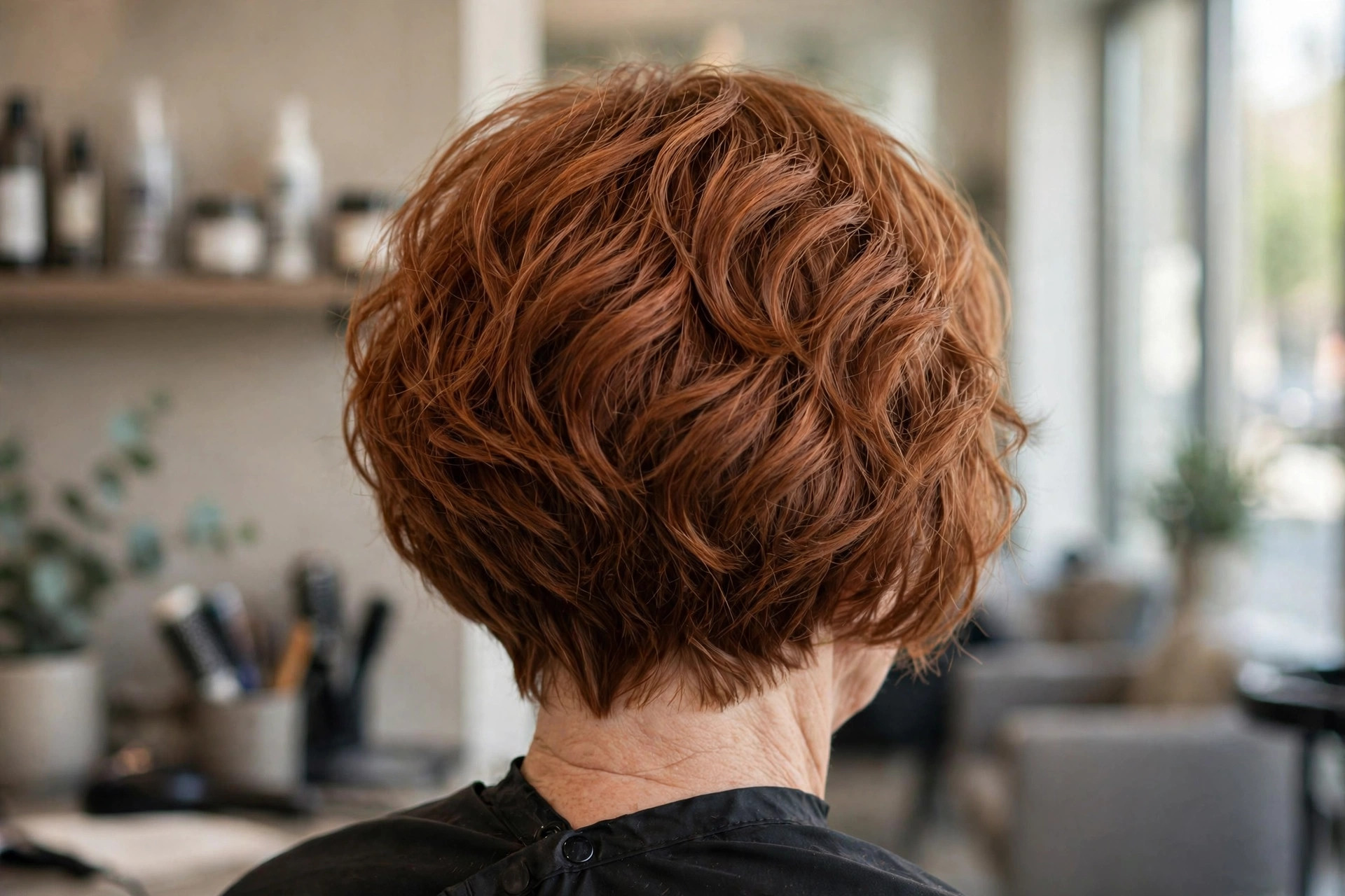 Wavy Textured Stacked Bob in Copper Auburn back view - stacked graduated bob back on a woman over 50
