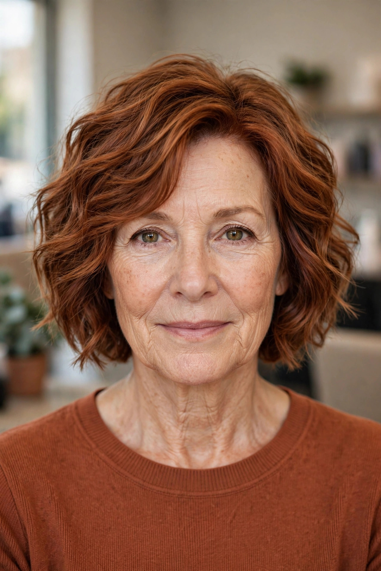 Wavy Textured Stacked Bob in Copper Auburn front view - stacked bob haircut on a woman over 50