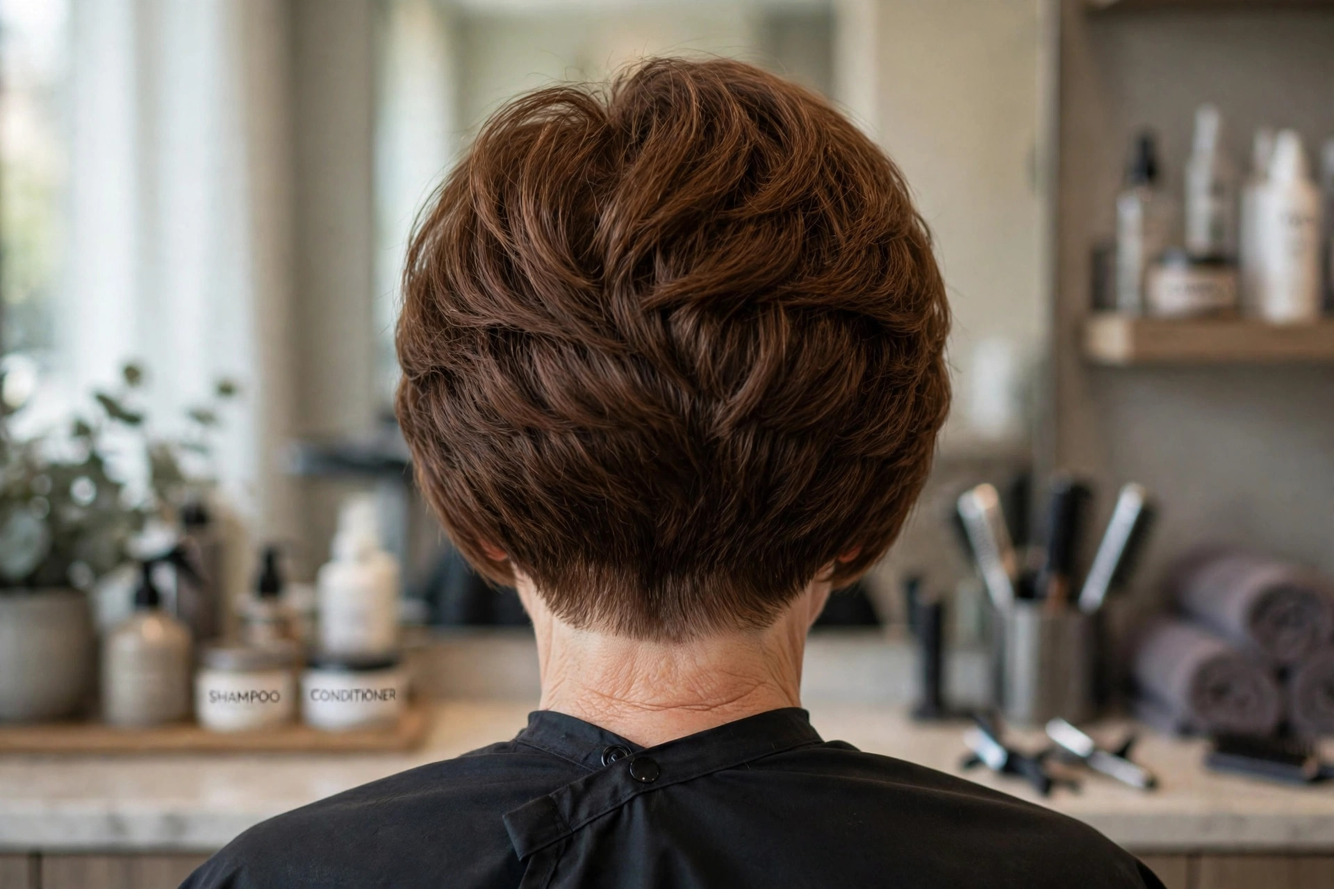 Stacked Bob with Side-Swept Bangs in Chestnut Brown back view - stacked graduated bob back on a woman over 50