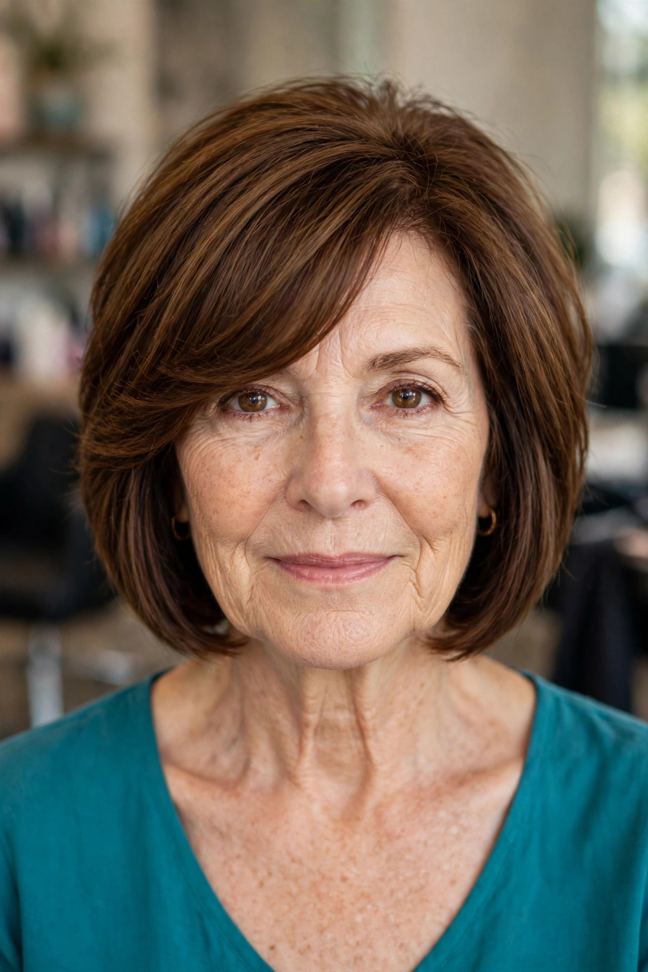 Stacked Bob with Side-Swept Bangs in Chestnut Brown front view - stacked bob haircut on a woman over 50