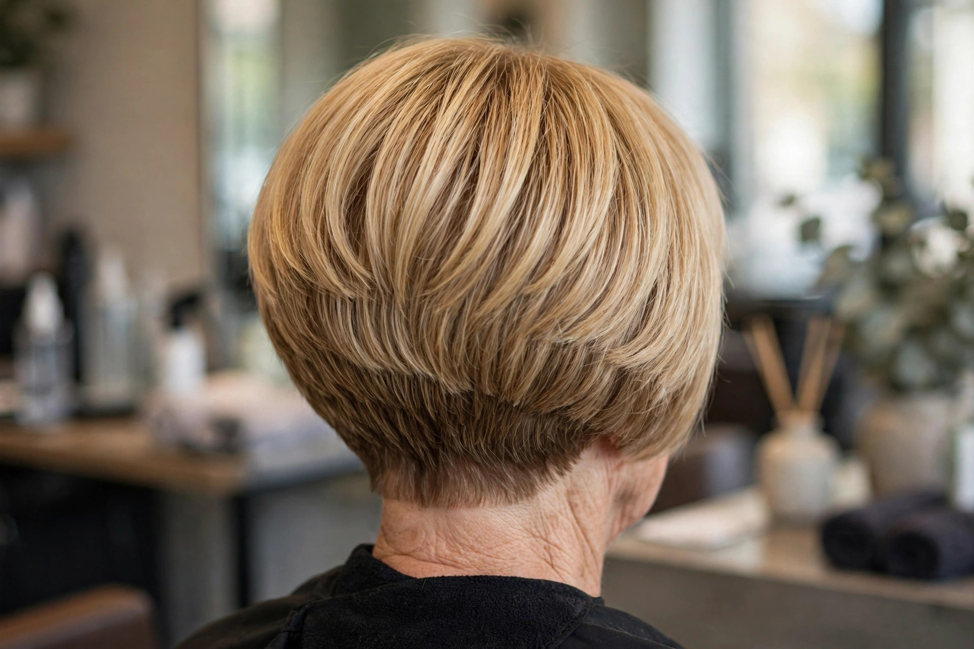 Stacked Bob with Wispy Bangs in Golden Blonde back view - stacked graduated bob back on a woman over 50