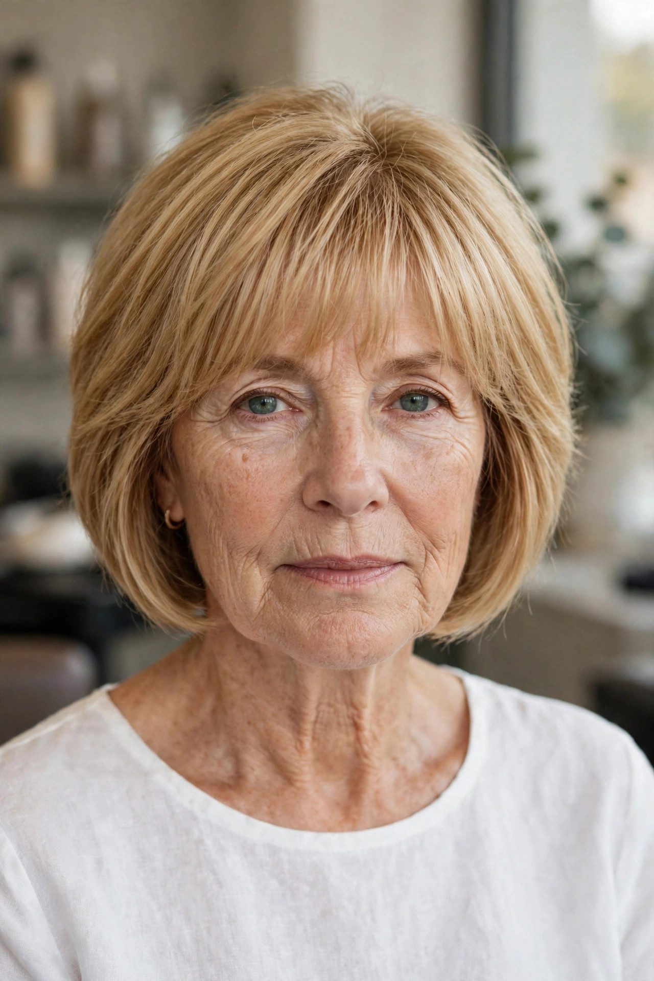 Stacked Bob with Wispy Bangs in Golden Blonde front view - stacked bob haircut on a woman over 50