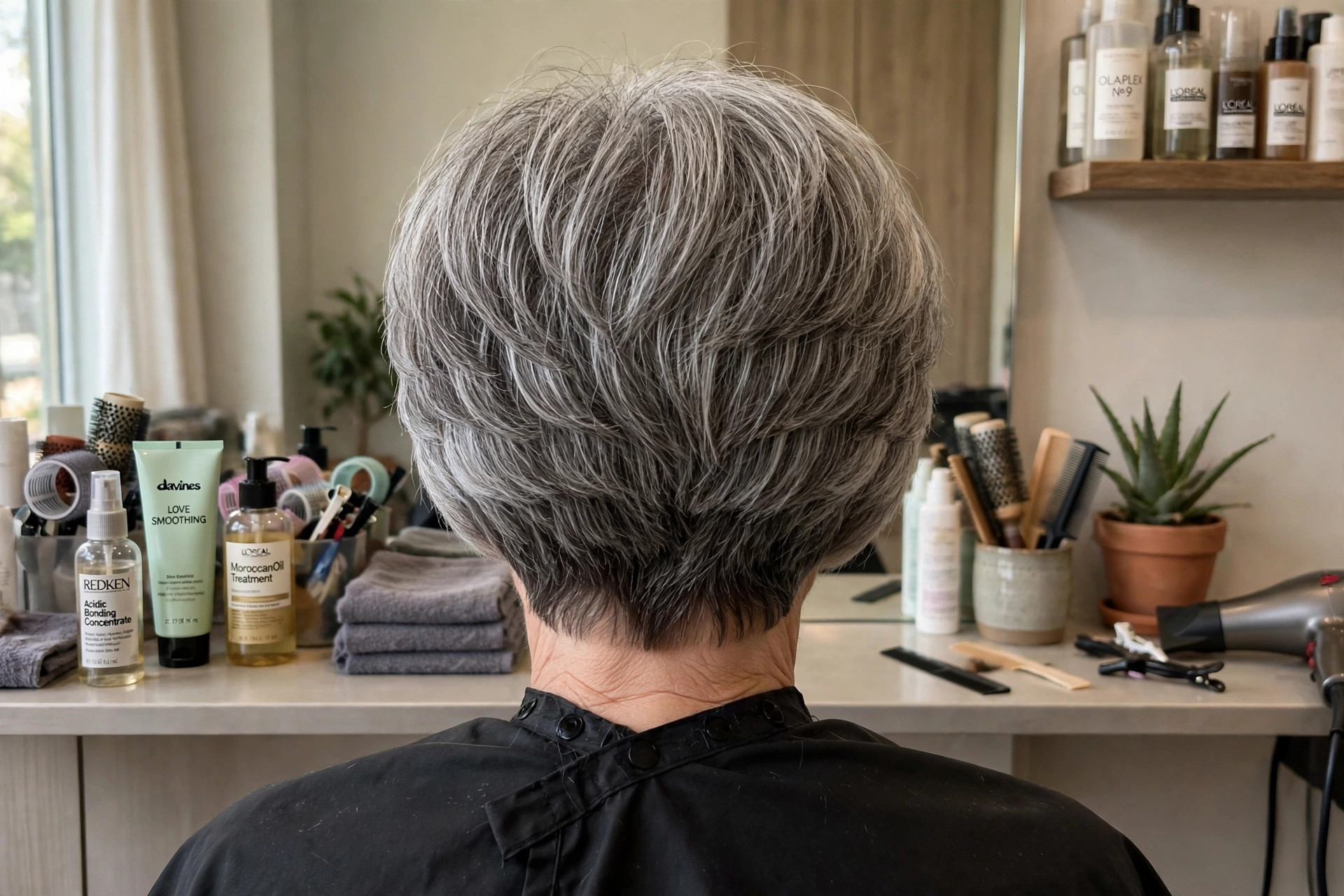 Short Cropped Stacked Bob in Salt-and-Pepper back view - stacked graduated bob back on a woman over 50