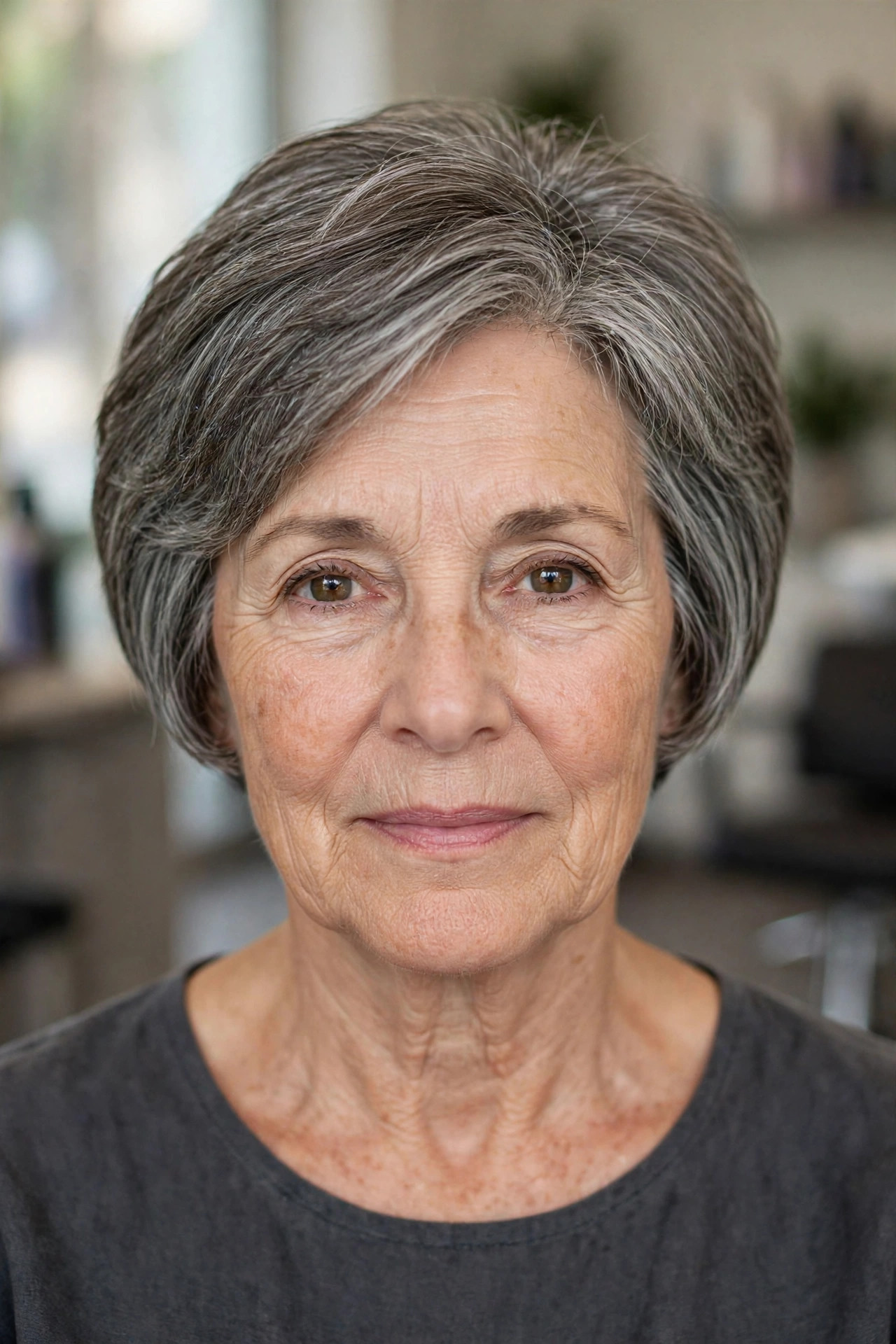 Short Cropped Stacked Bob in Salt-and-Pepper front view - stacked bob haircut on a woman over 50