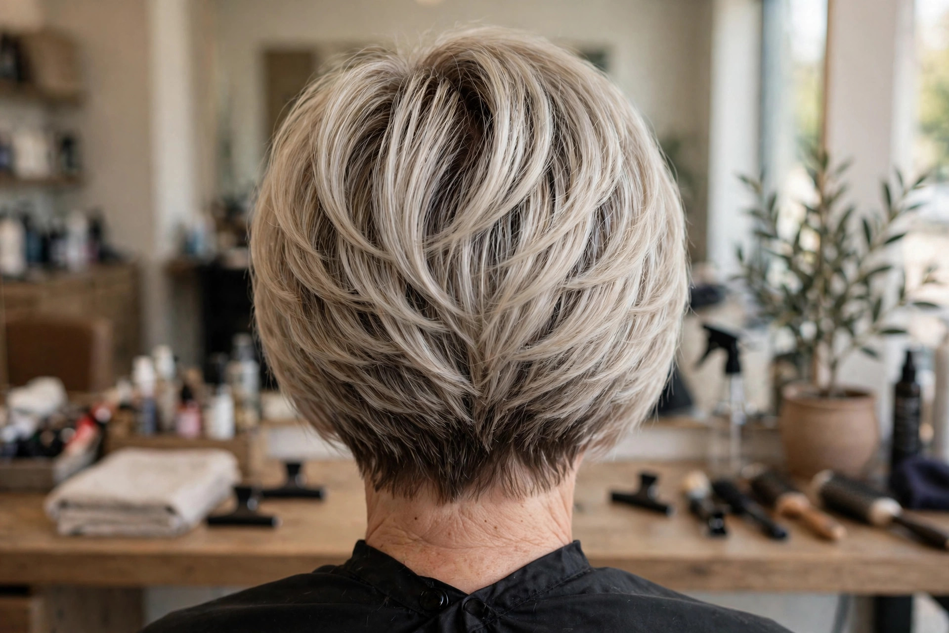 Feathered Stacked Bob in Ash Blonde with Shadow Root back view - stacked graduated bob back on a woman over 50