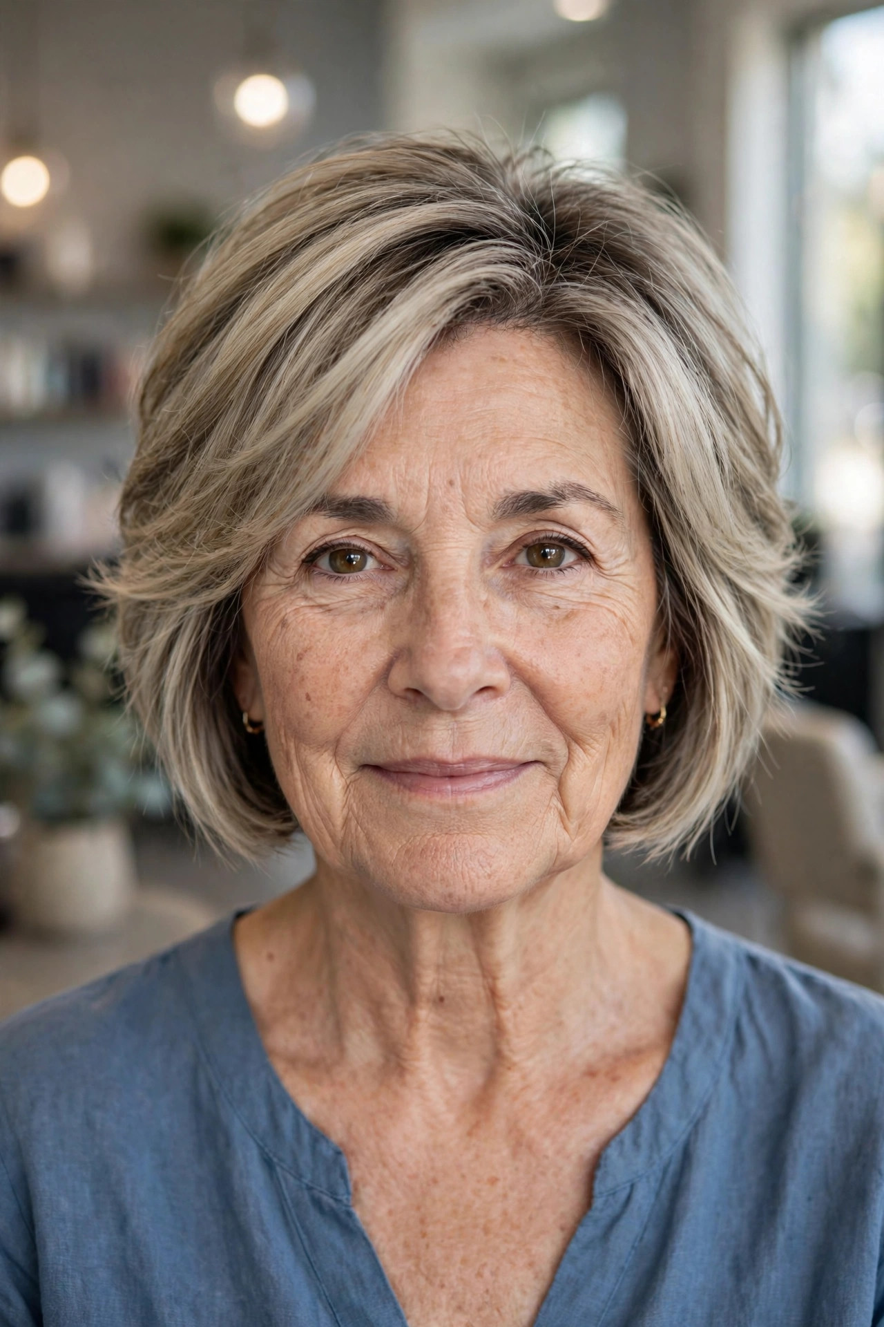 Feathered Stacked Bob in Ash Blonde with Shadow Root front view - stacked bob haircut on a woman over 50