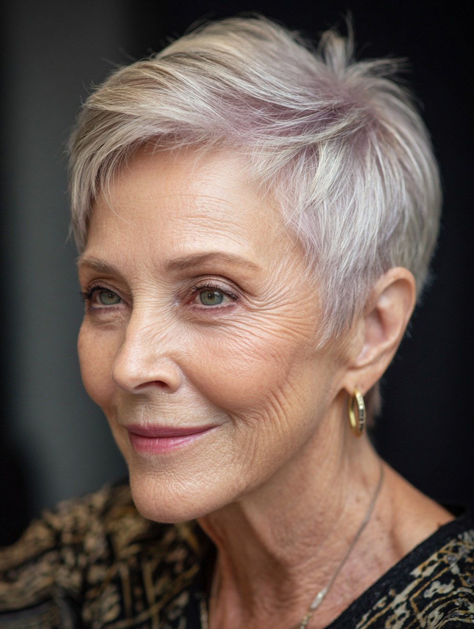 Textured Silver Pixie With a Soft Fringe — stylish haircut on a fashion-loving woman over 70
